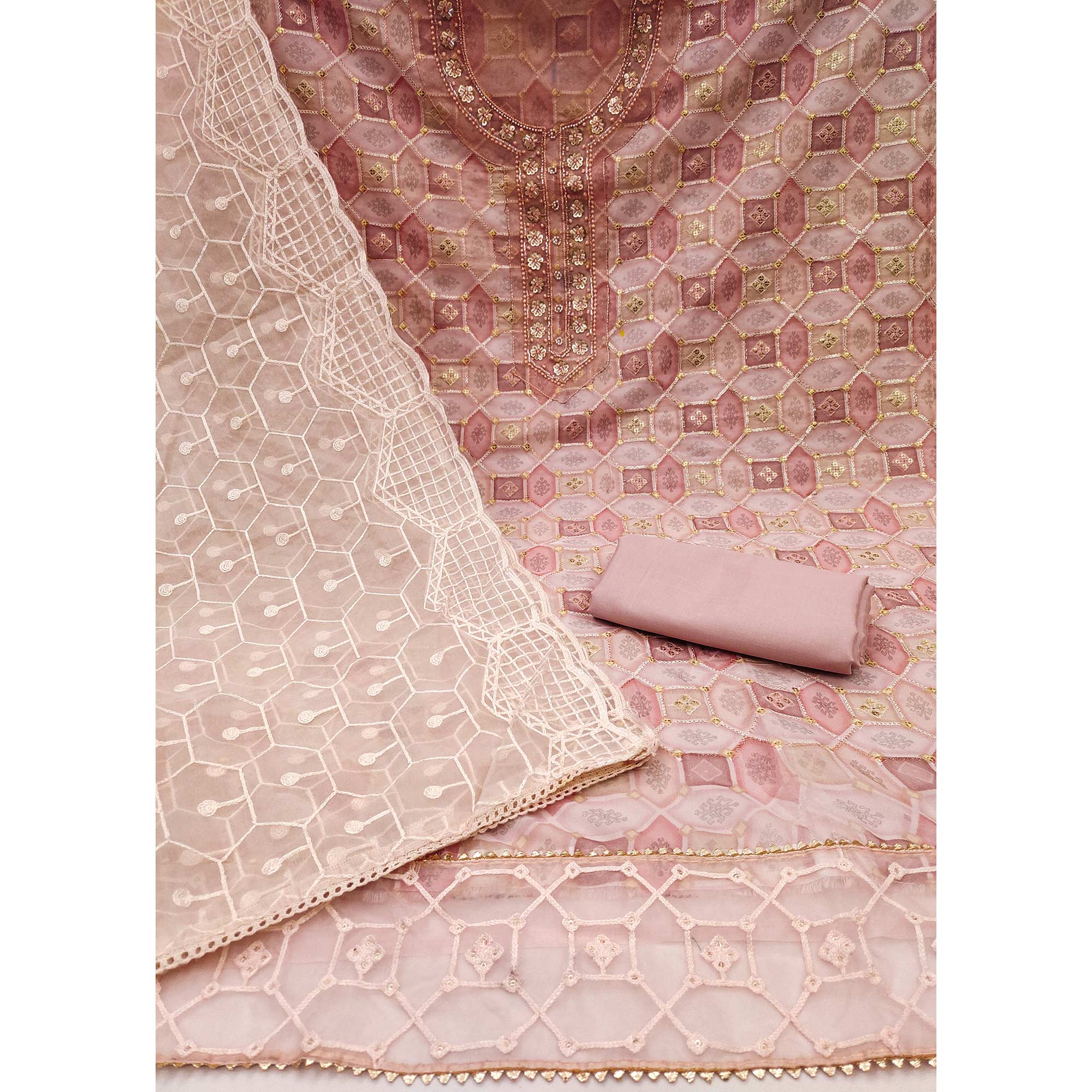Peach Sequins Embroidered Organza Dress Material