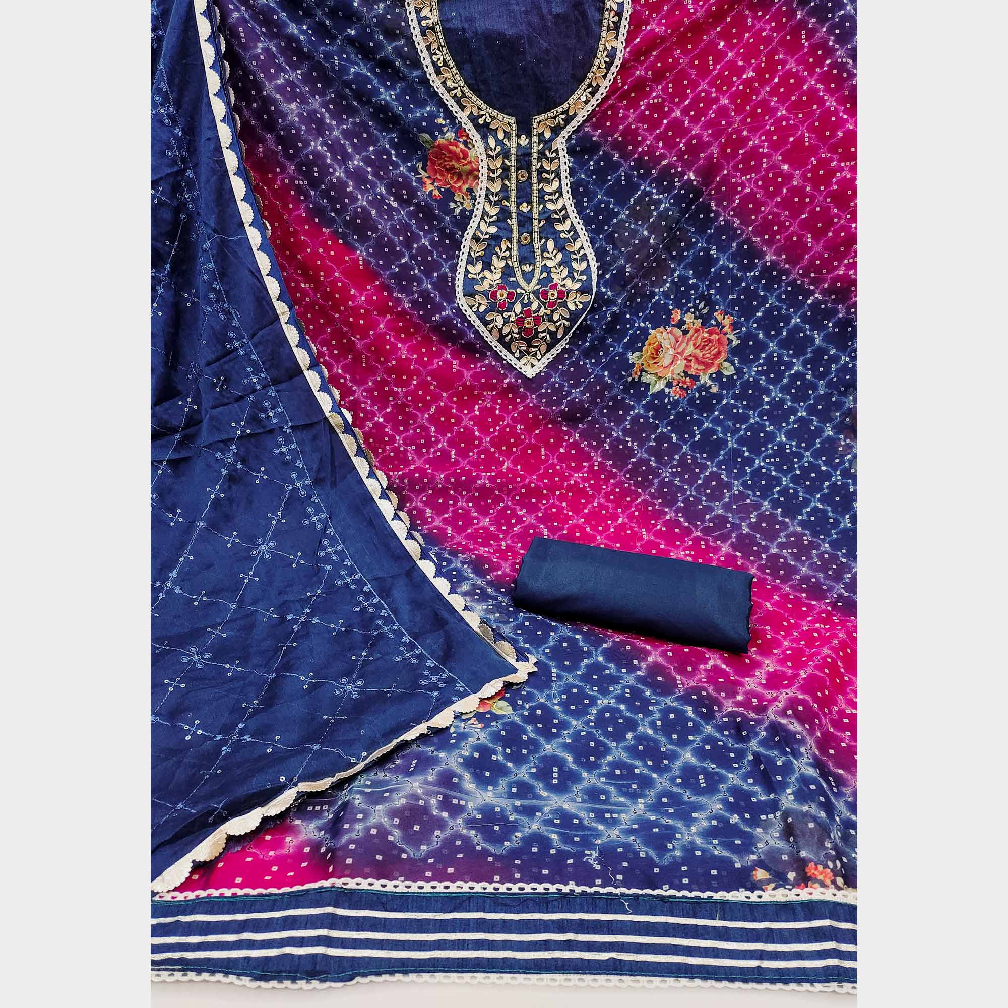 Blue & Pink Sequins Embroidered Organza Dress Material