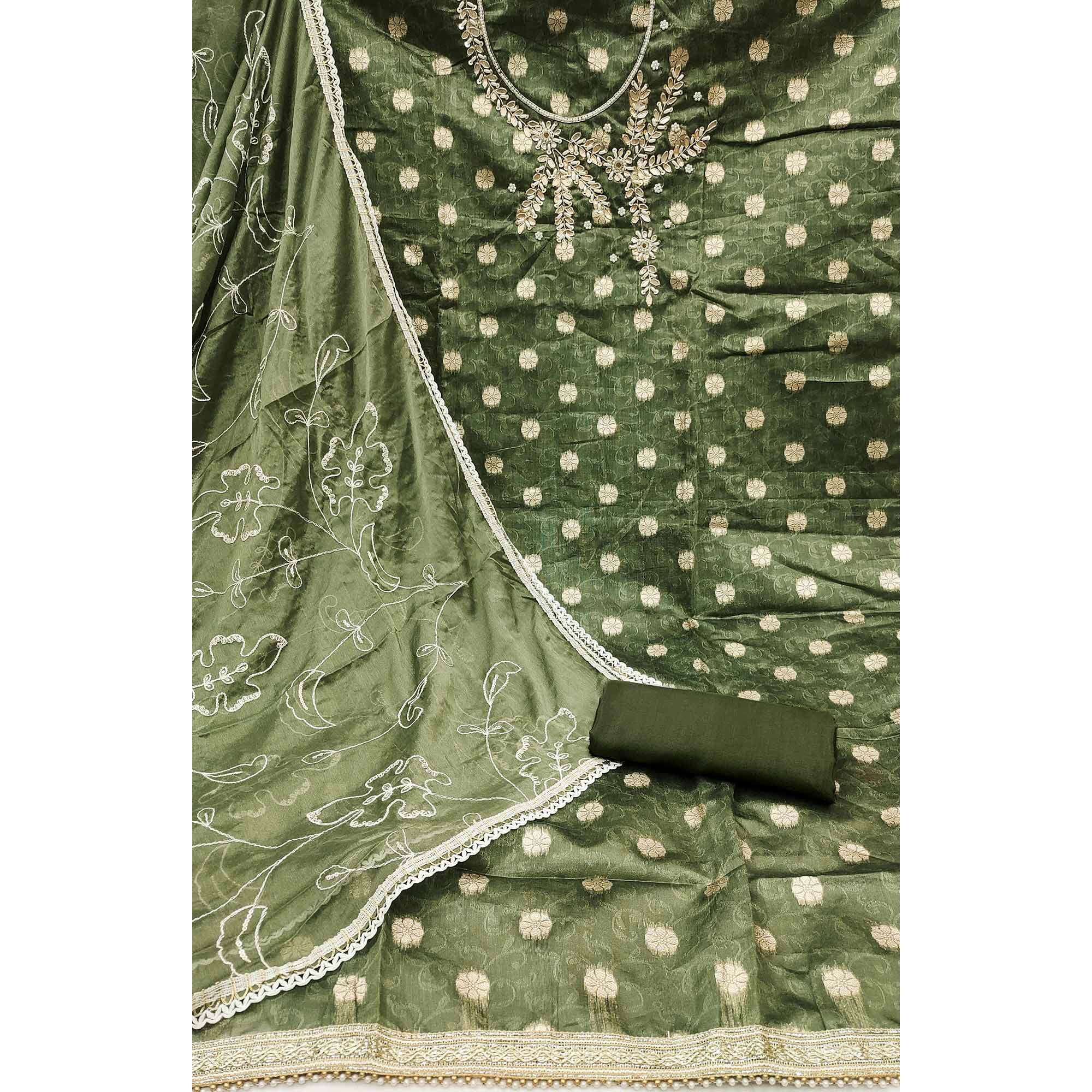 Mehandi Green Woven Banarasi Silk Dress Material
