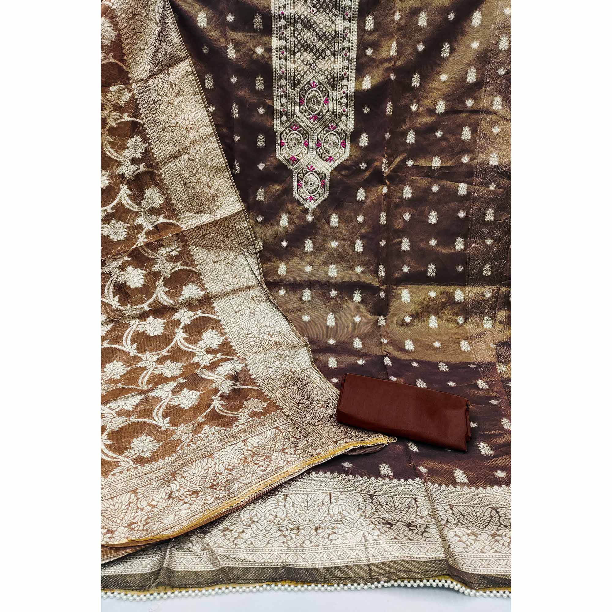 Dark Brown Woven Banarasi Silk Dress Material