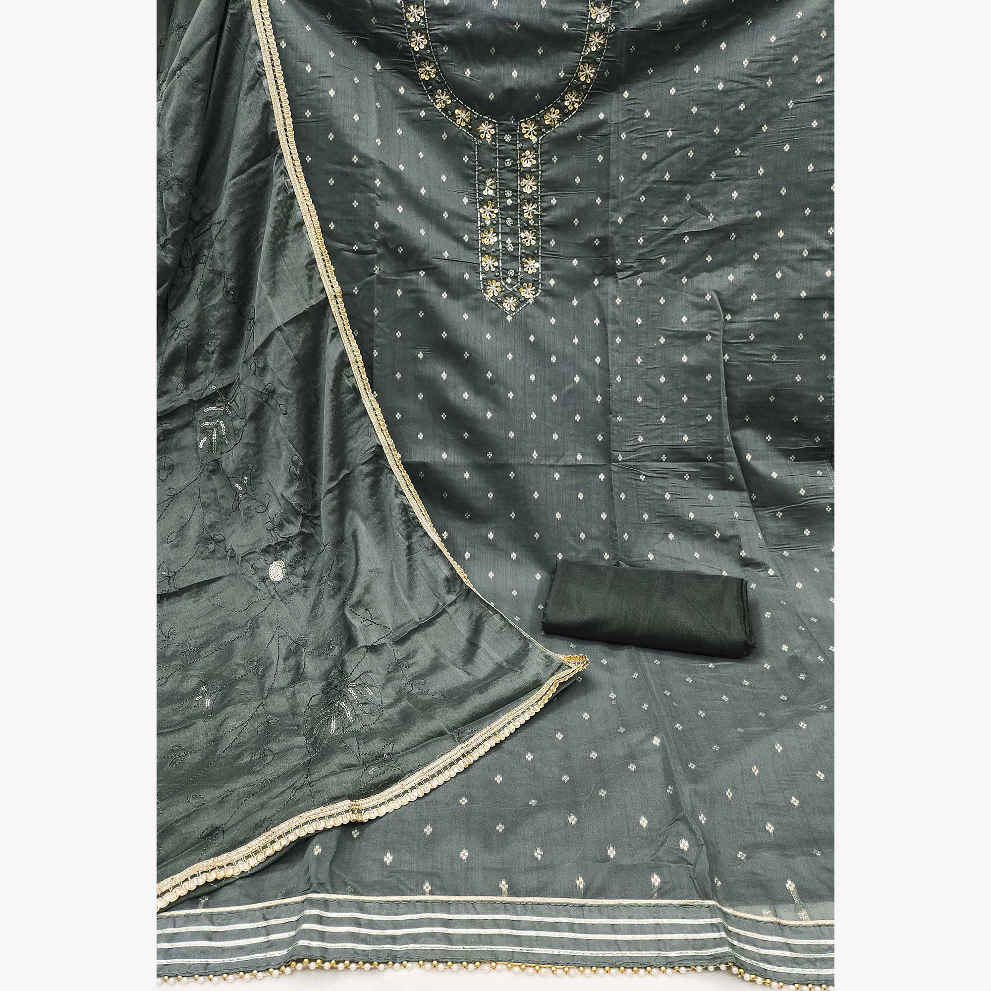 Grey Woven Chanderi Silk Dress Material