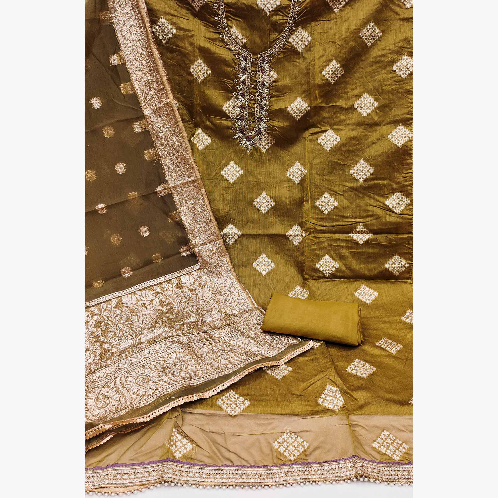 Olive Green Woven Banarasi Silk Dress Material