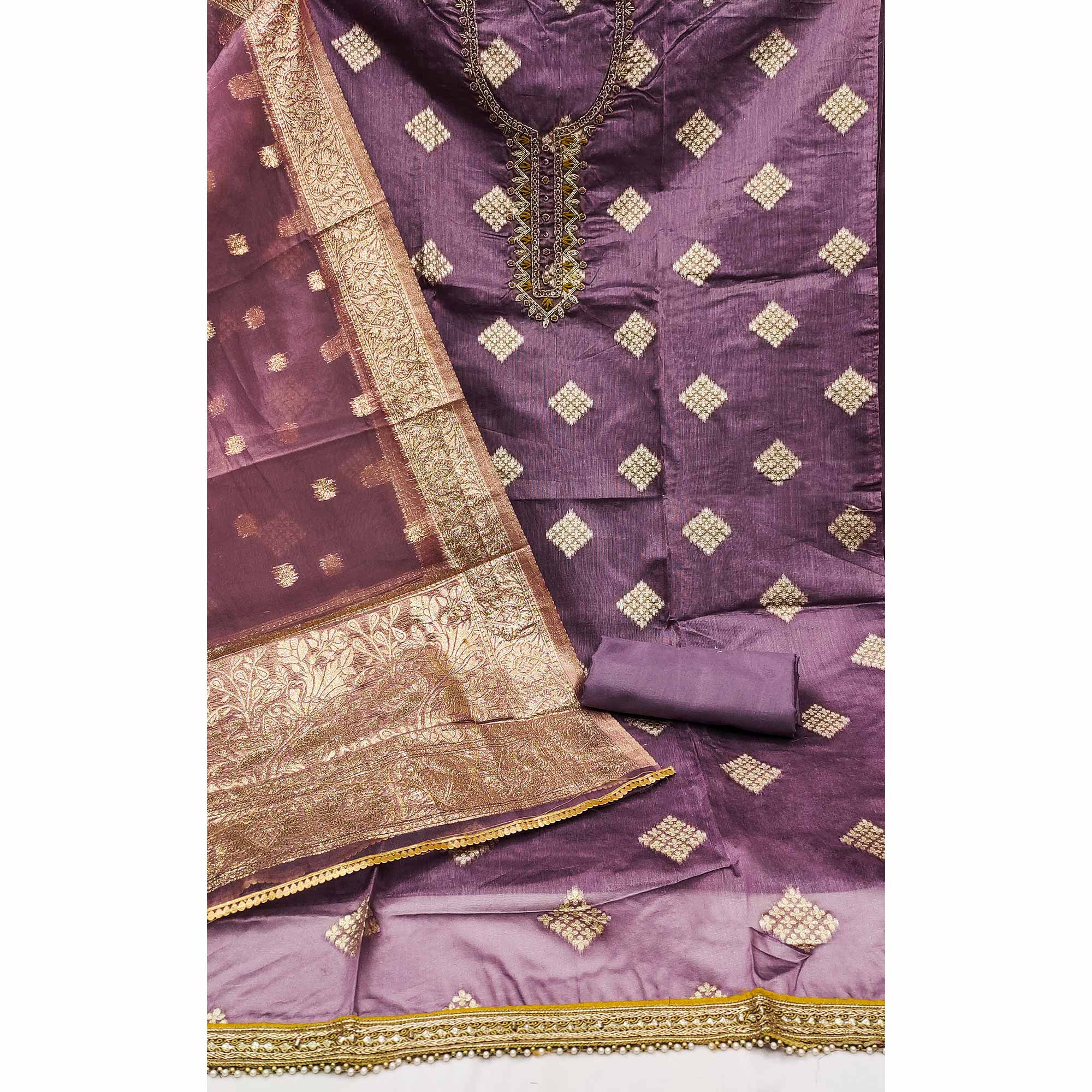 Purple Woven Banarasi Silk Dress Material