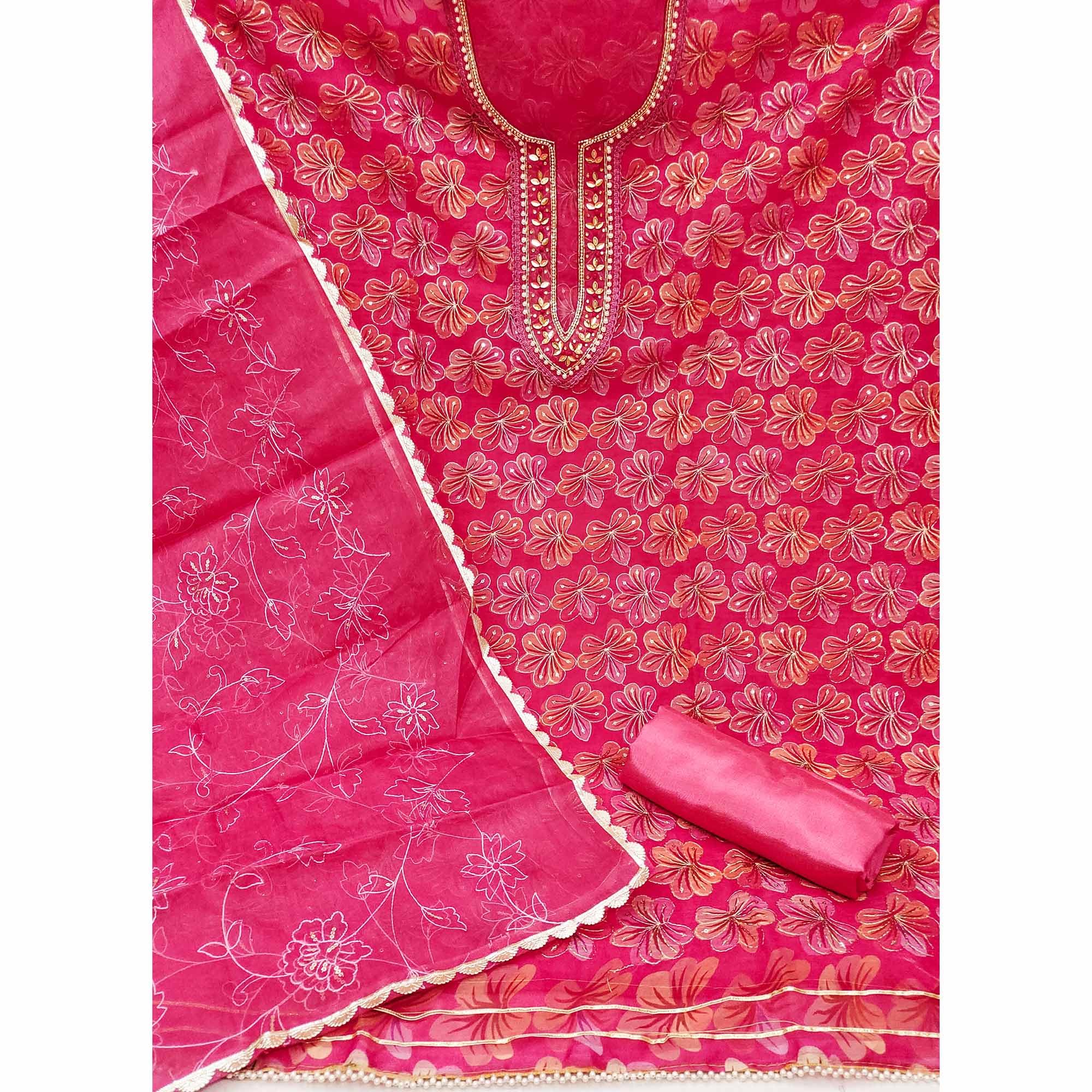 Pink Sequins Embroidered Organza Dress Material