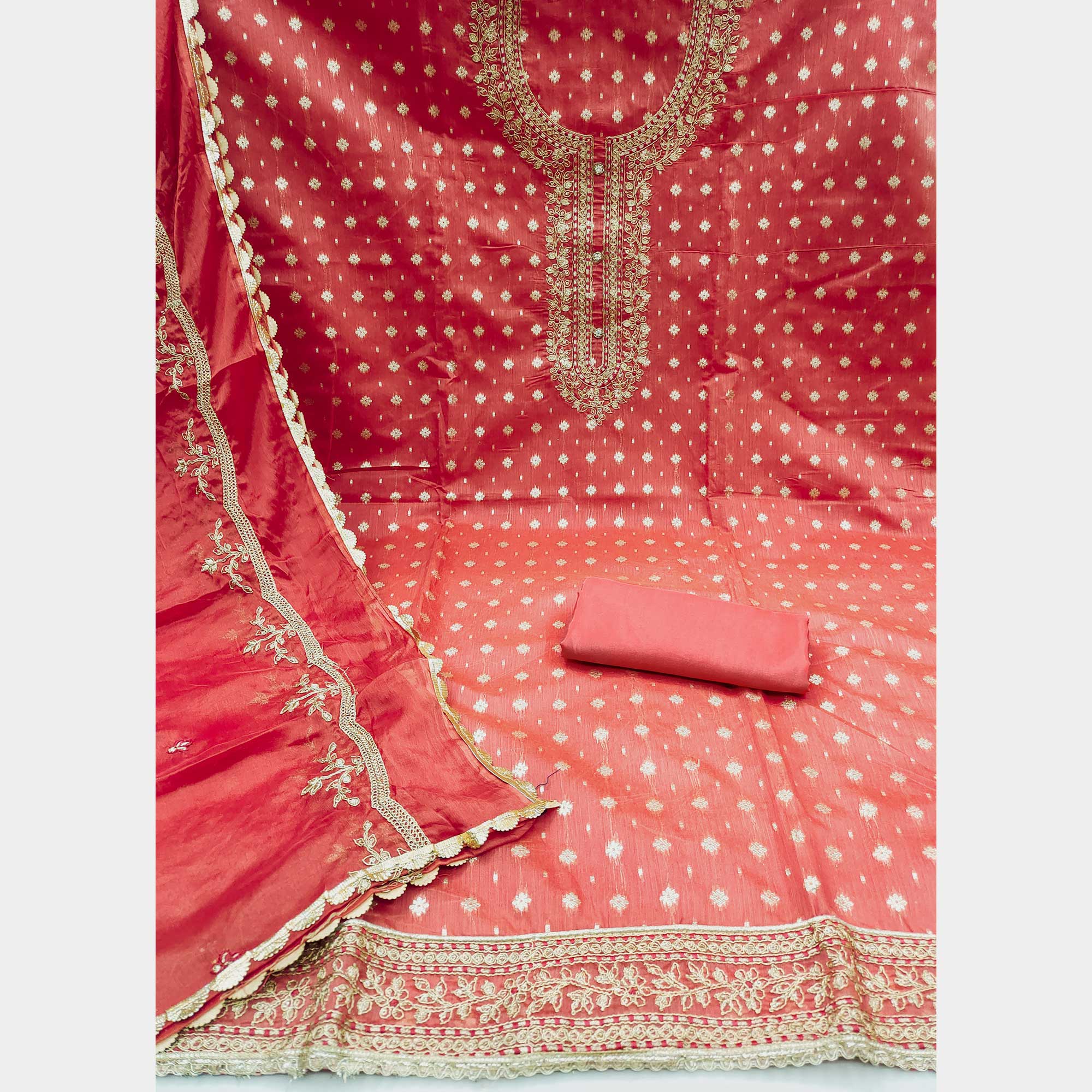 Gajri Pink Woven Chanderi Silk Dress Material