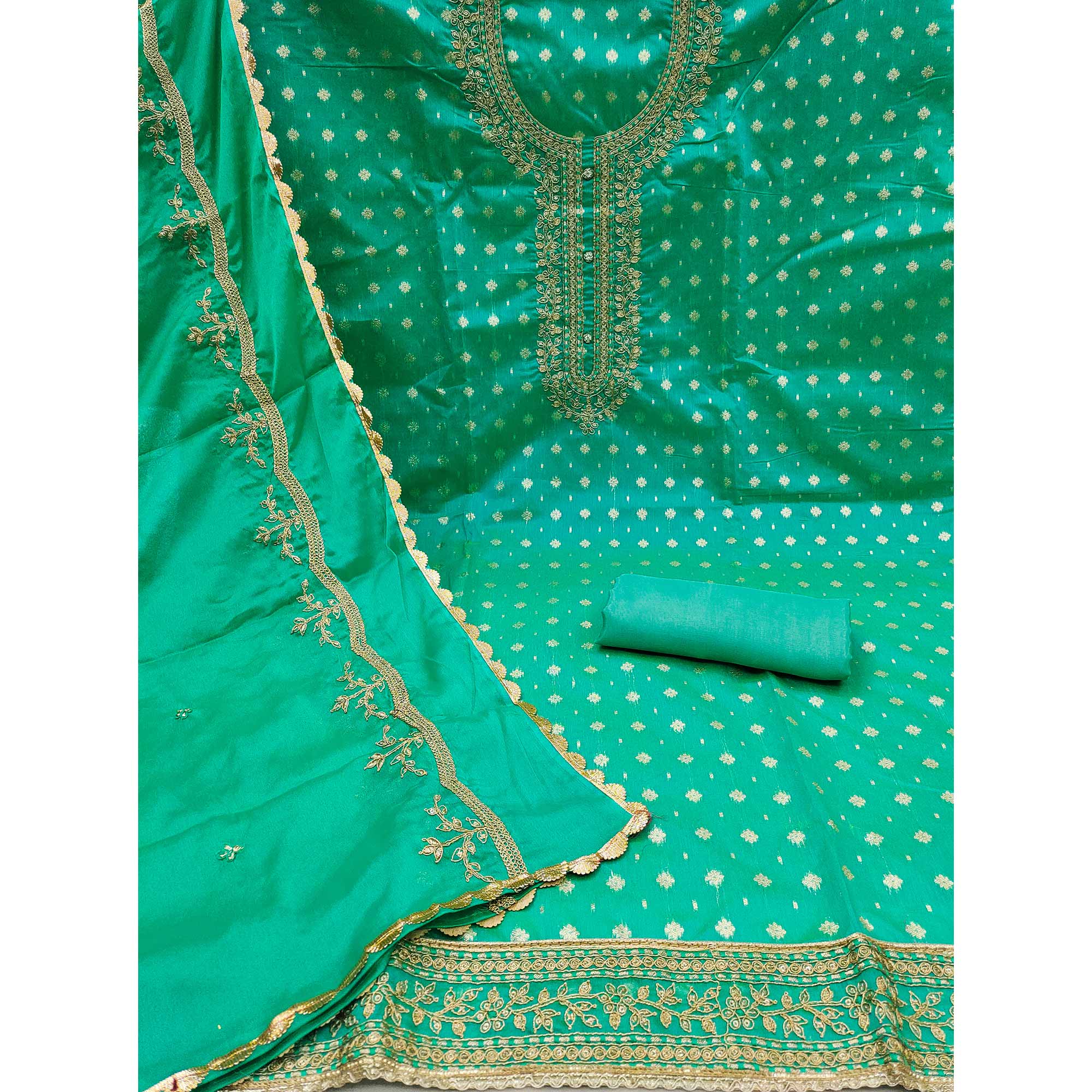 Turquoise Woven Chanderi Silk Dress Material