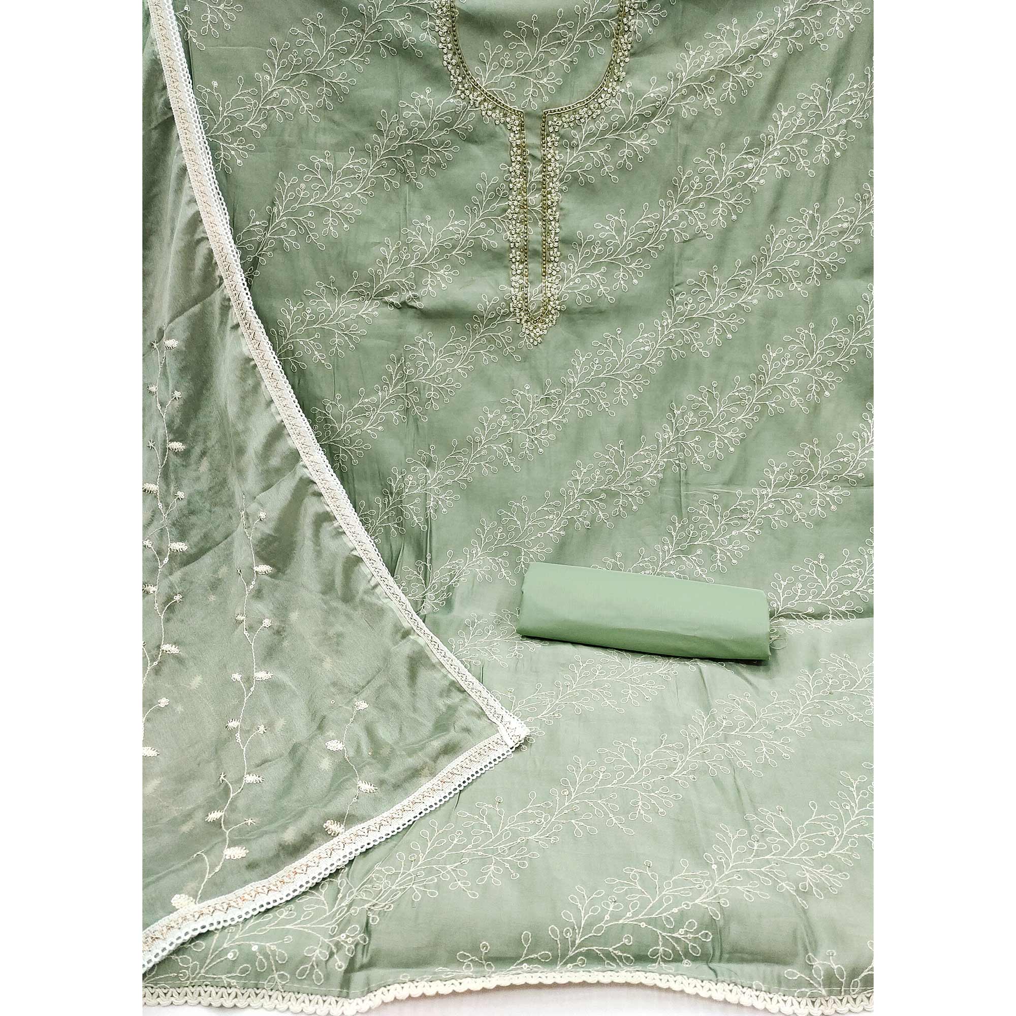 Dusty Green Embroidered Cotton Blend Dress Material