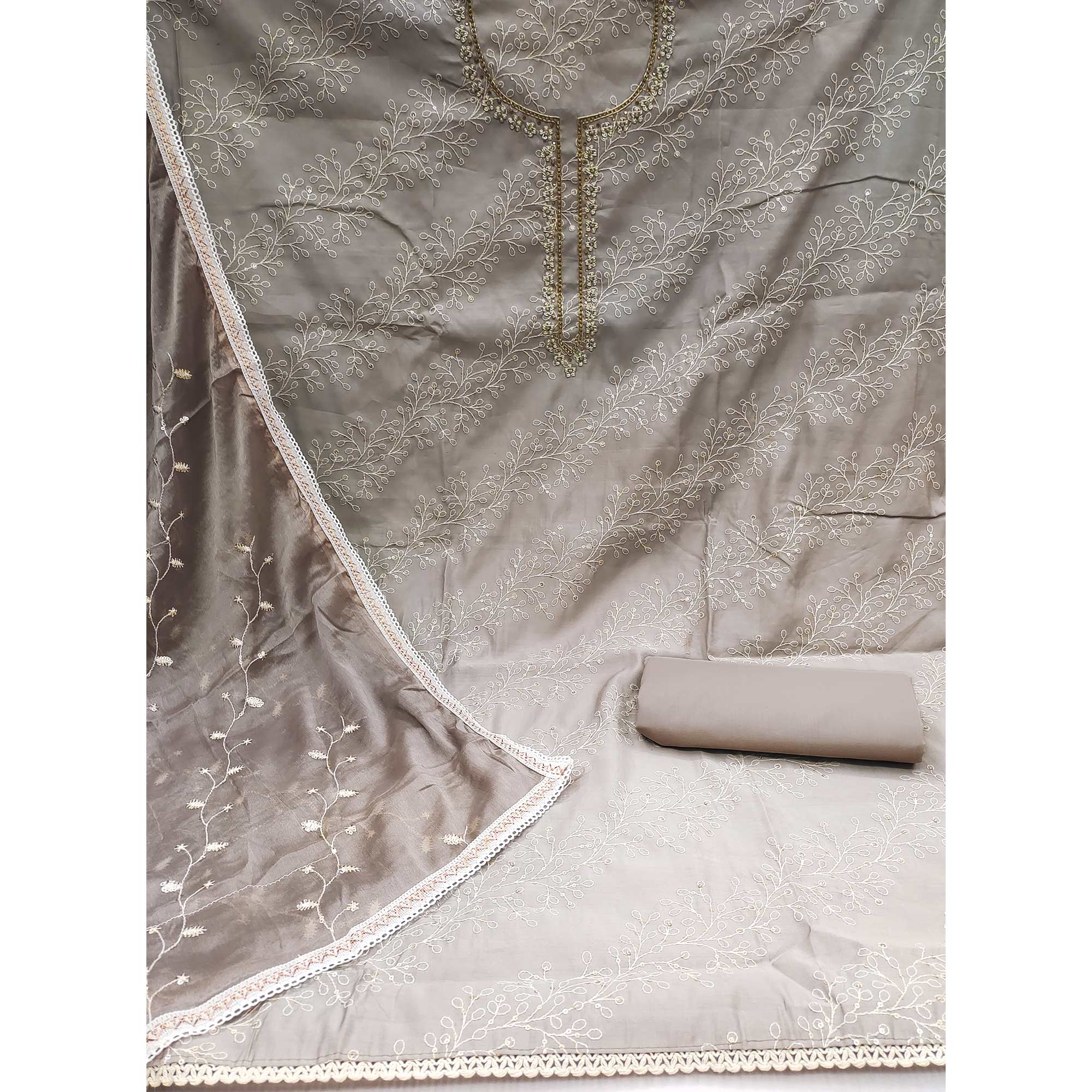 Grey Embroidered Cotton Blend Dress Material