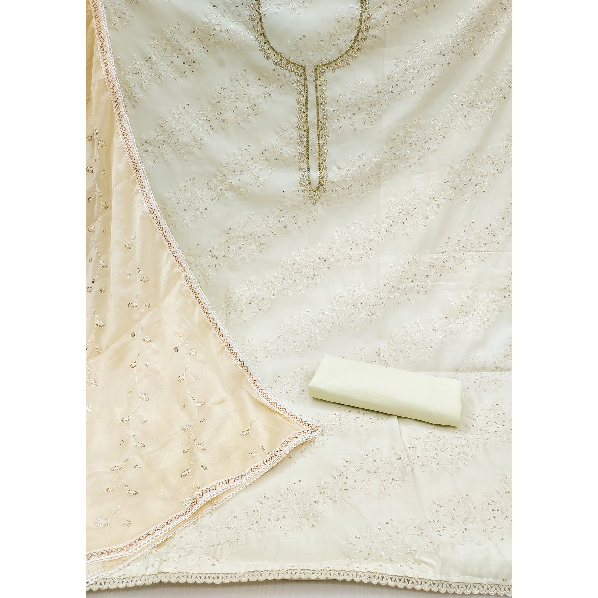 Off White Embroidered Cotton Blend Dress Material