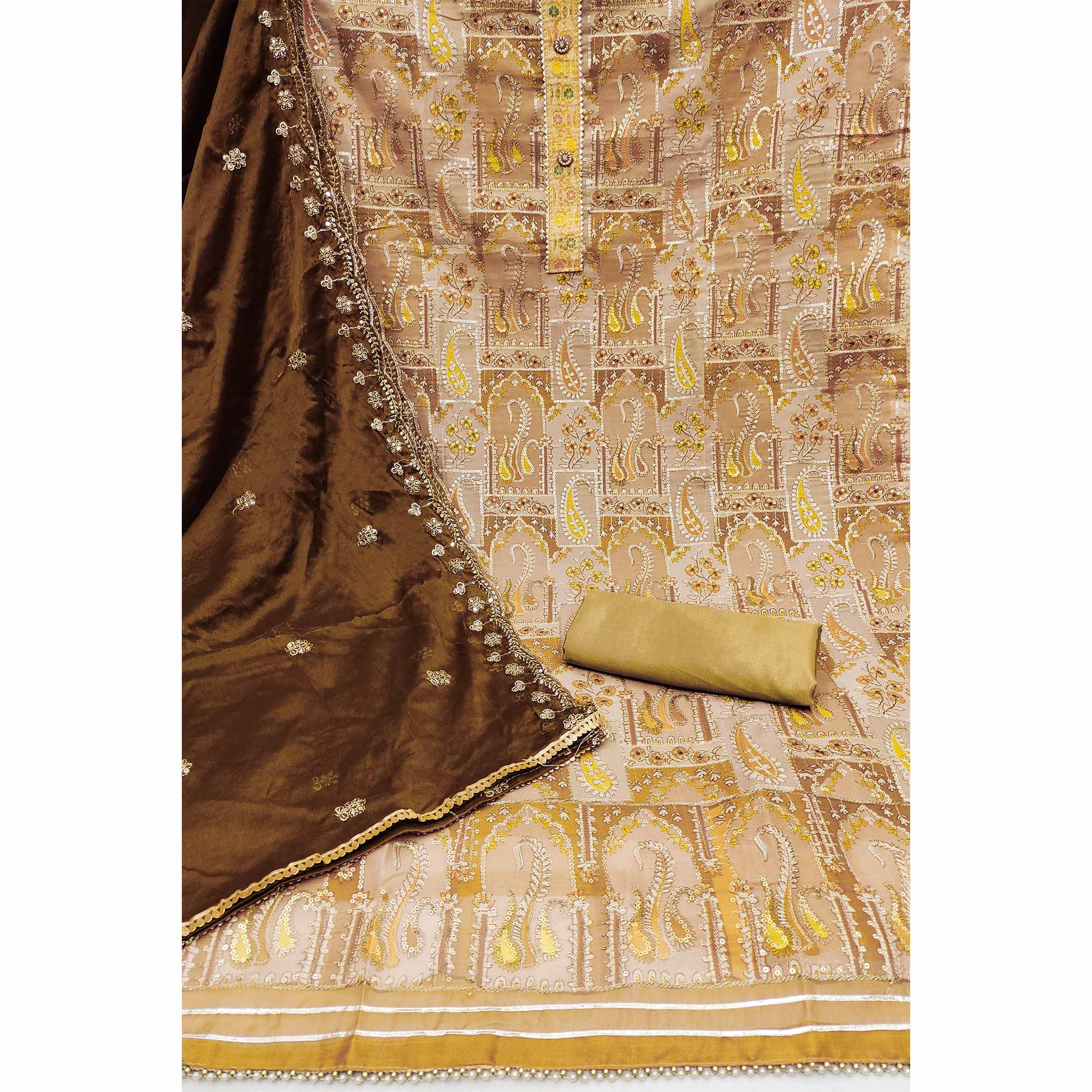 Brown Floral Embroidered With Printed Organza Dress Material