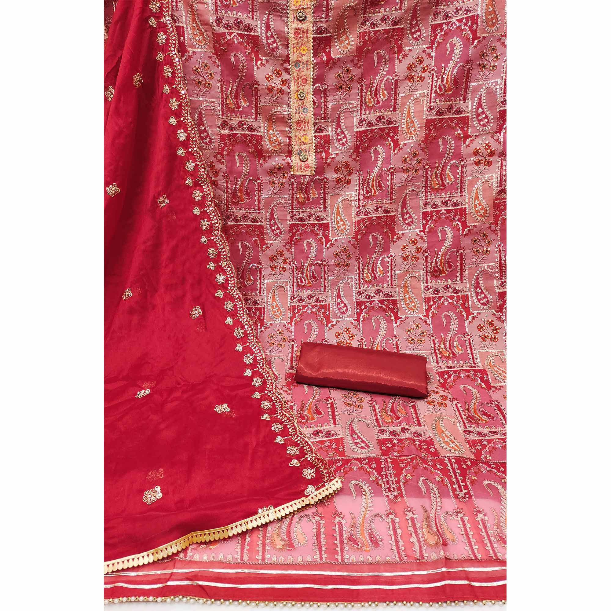 Gajari Red Floral Embroidered With Printed Organza Dress Material
