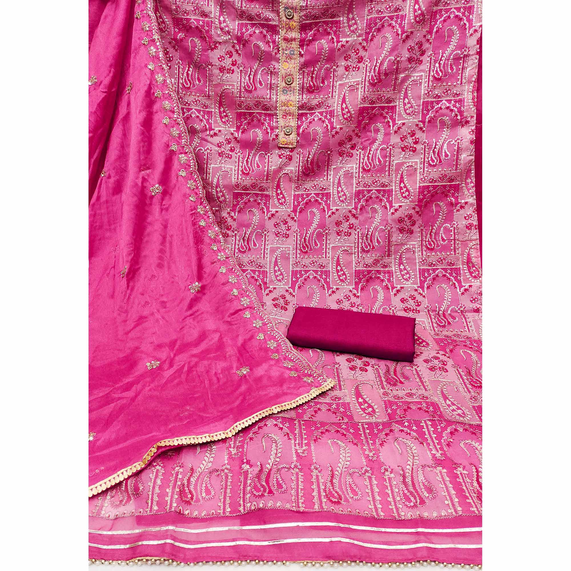 Pink Floral Embroidered With Printed Organza Dress Material