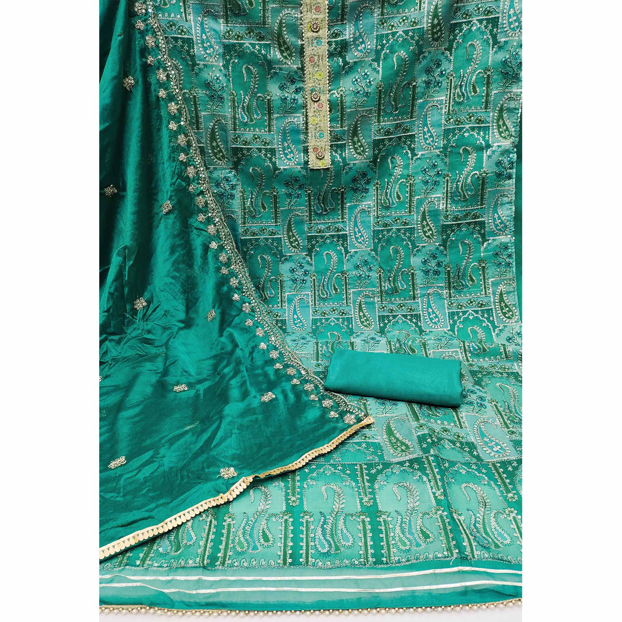 Rama Green Floral Embroidered With Printed Organza Dress Material