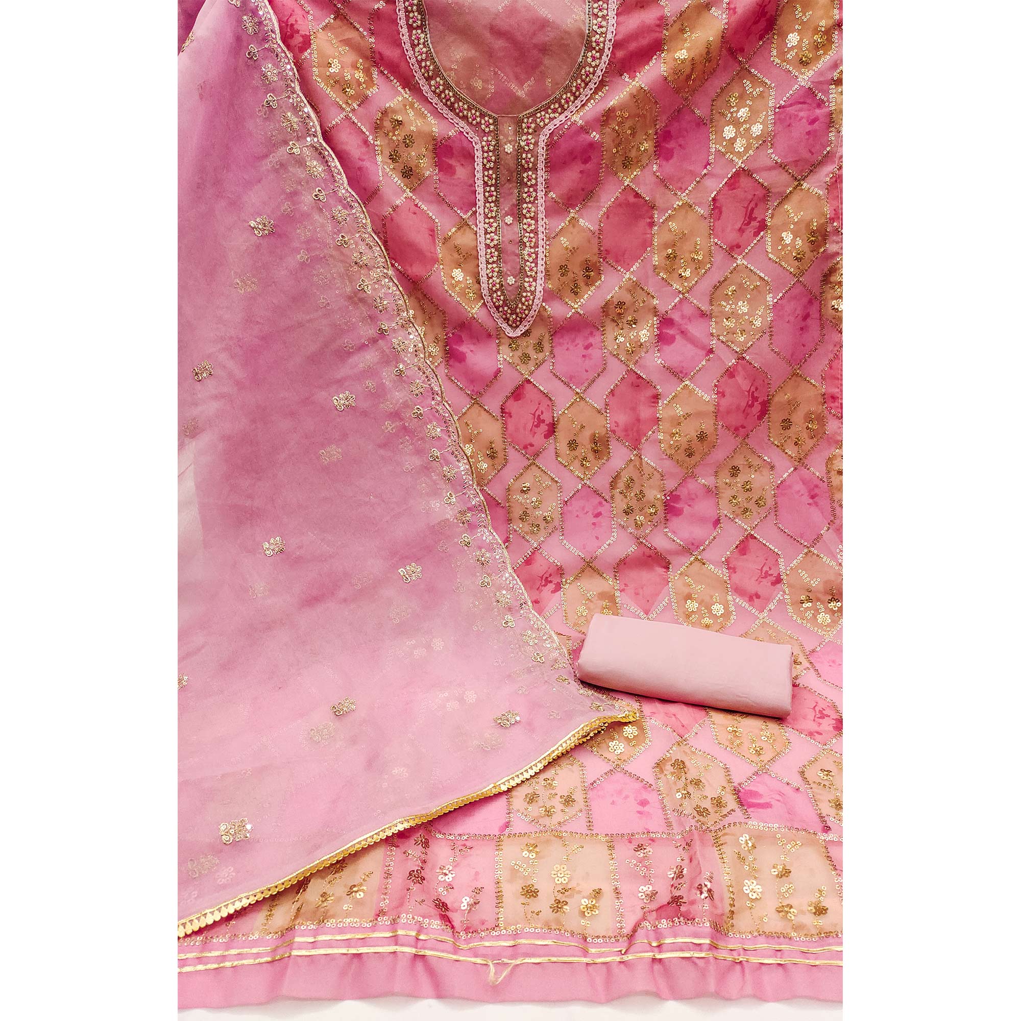Baby Pink Sequins Embroidered With Handwork Organza Dress Material