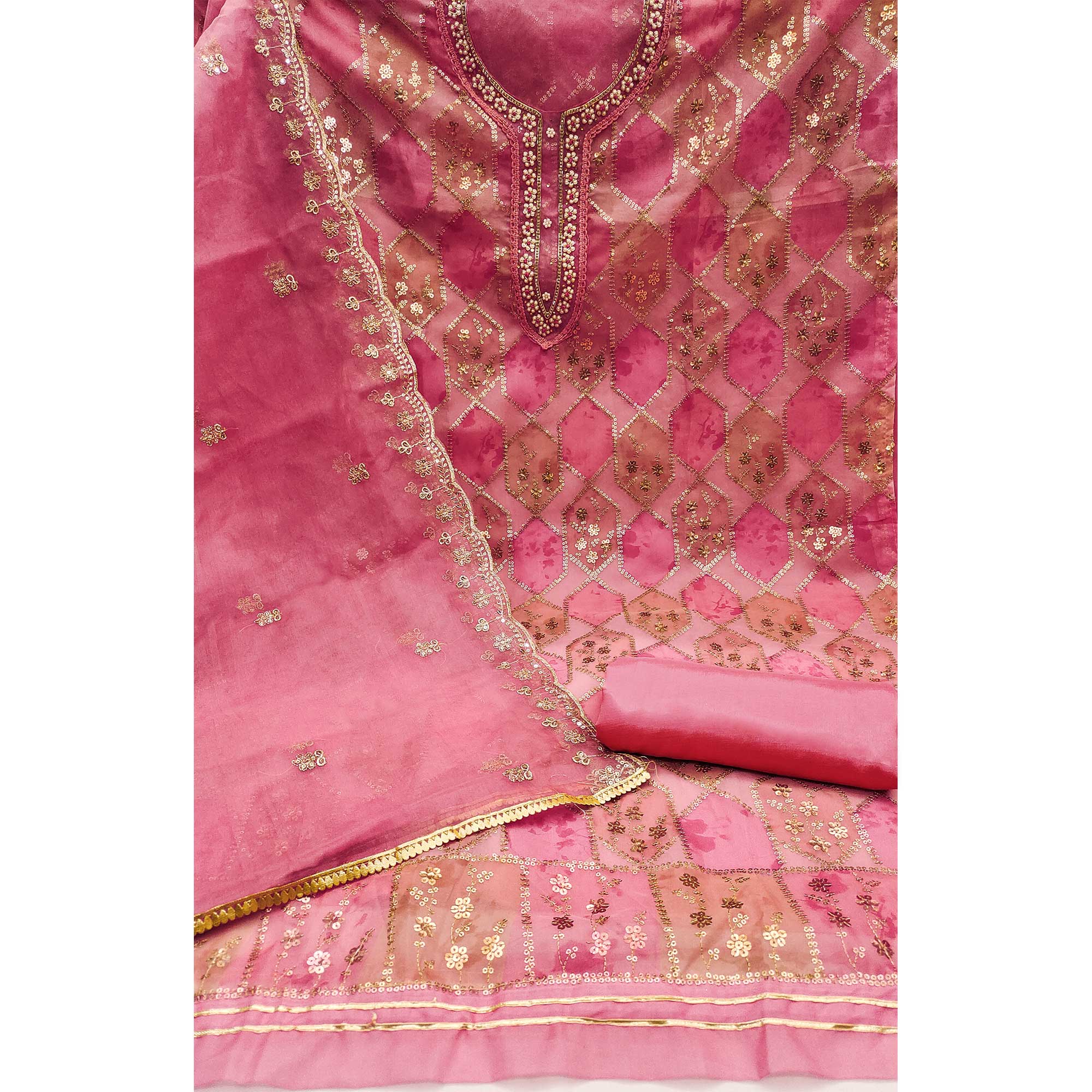 Gajari Pink Sequins Embroidered With Handwork Organza Dress Material