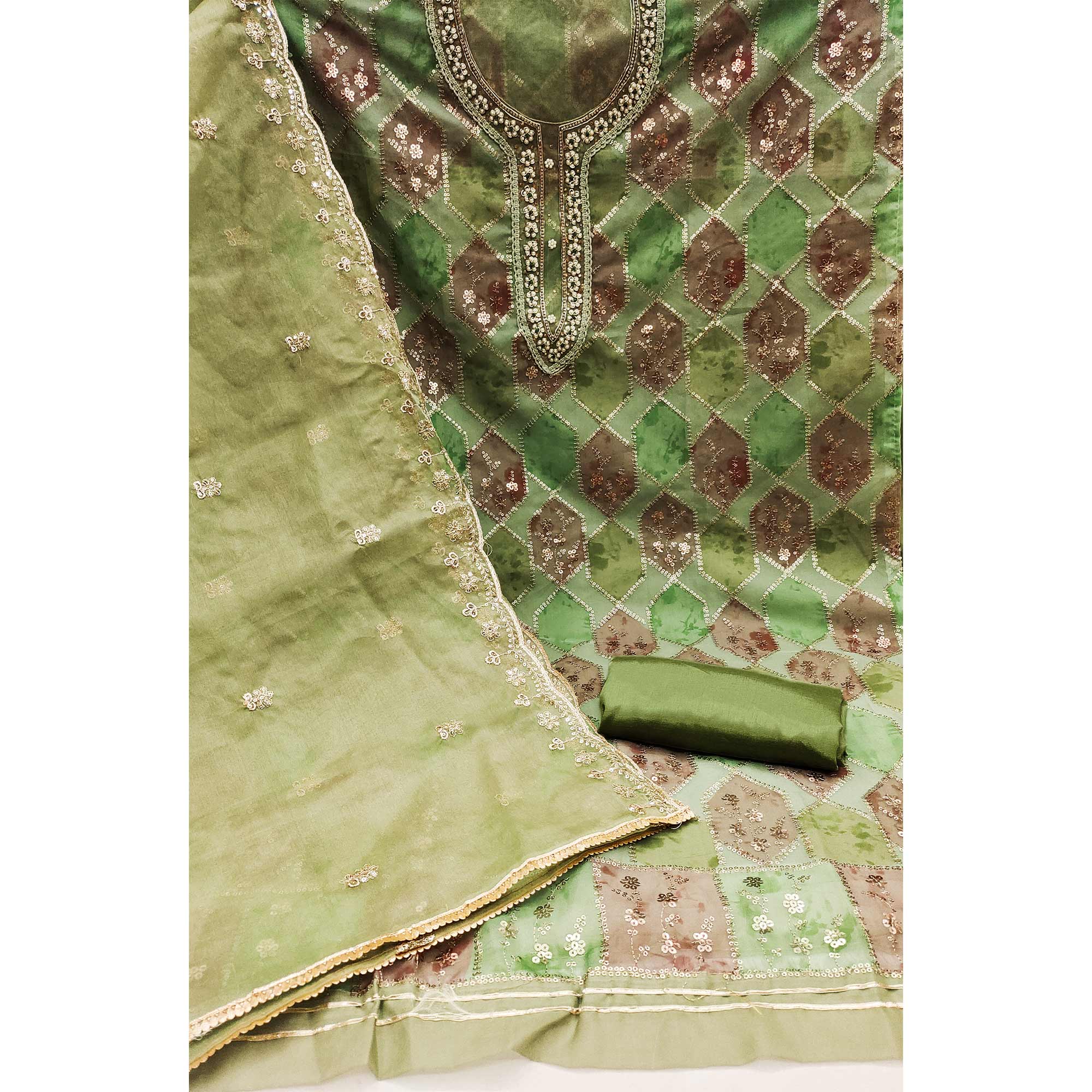 Green Sequins Embroidered With Handwork Organza Dress Material