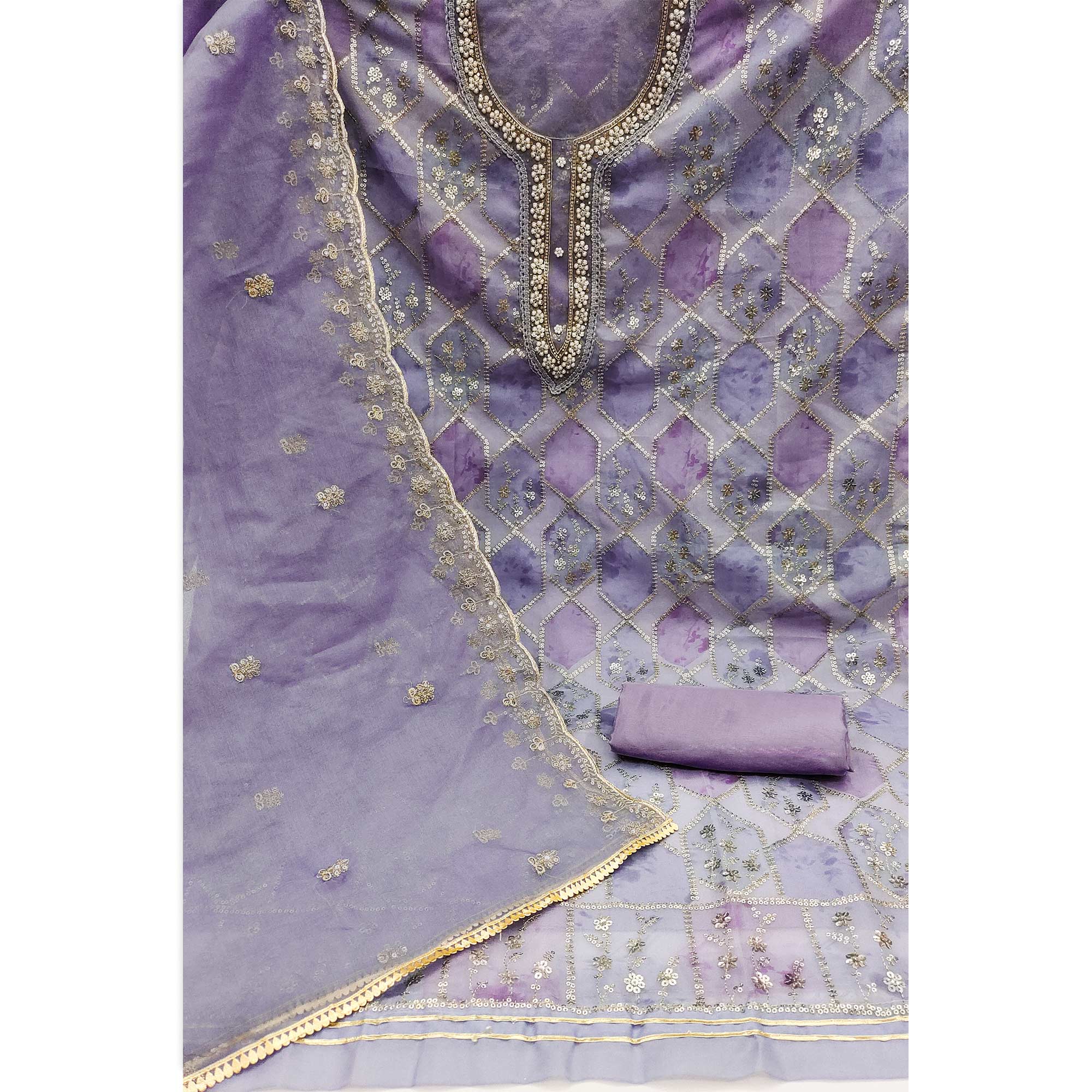 Lavender Sequins Embroidered With Handwork Organza Dress Material