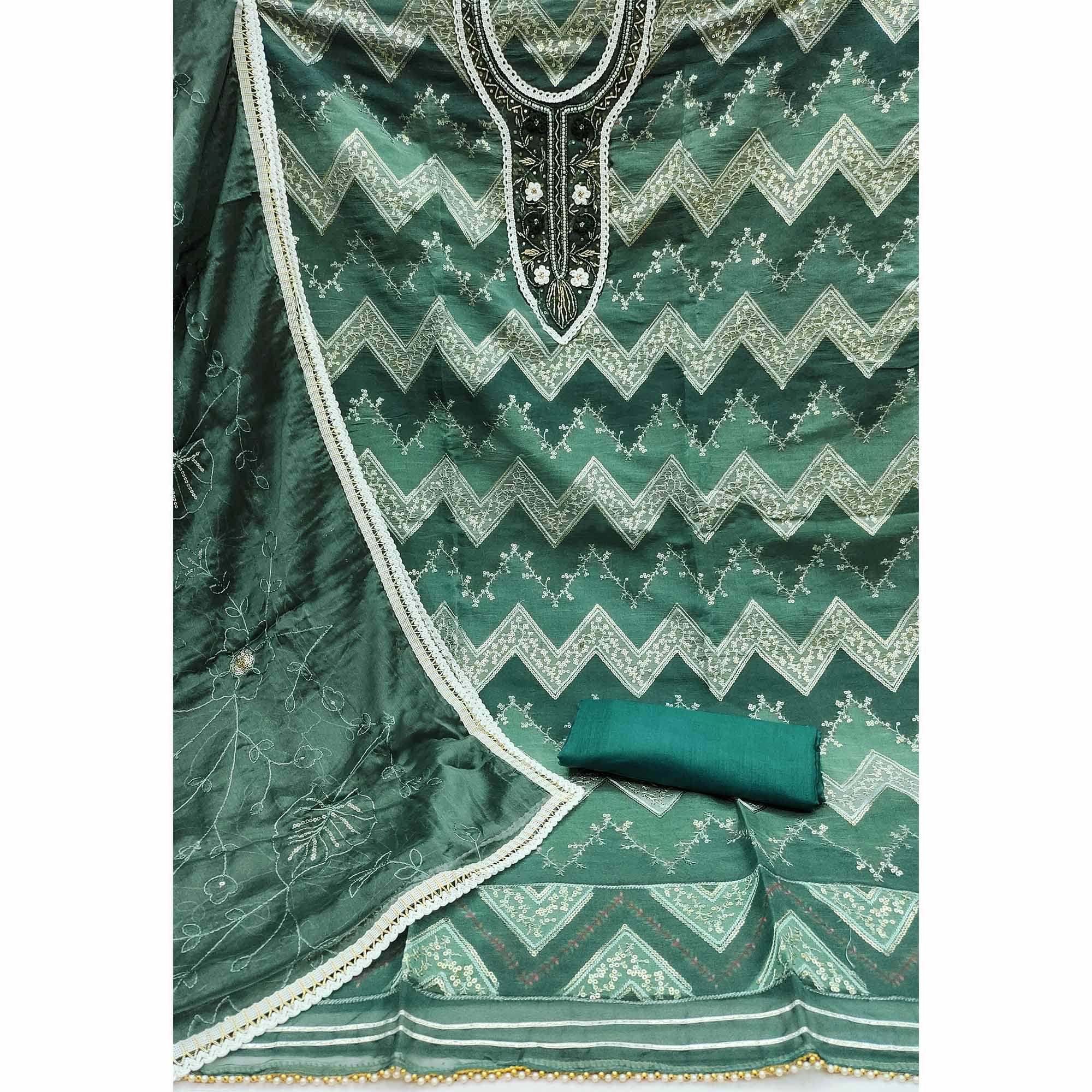 Green Sequins Embroidered With Handwork Organza Dress Material