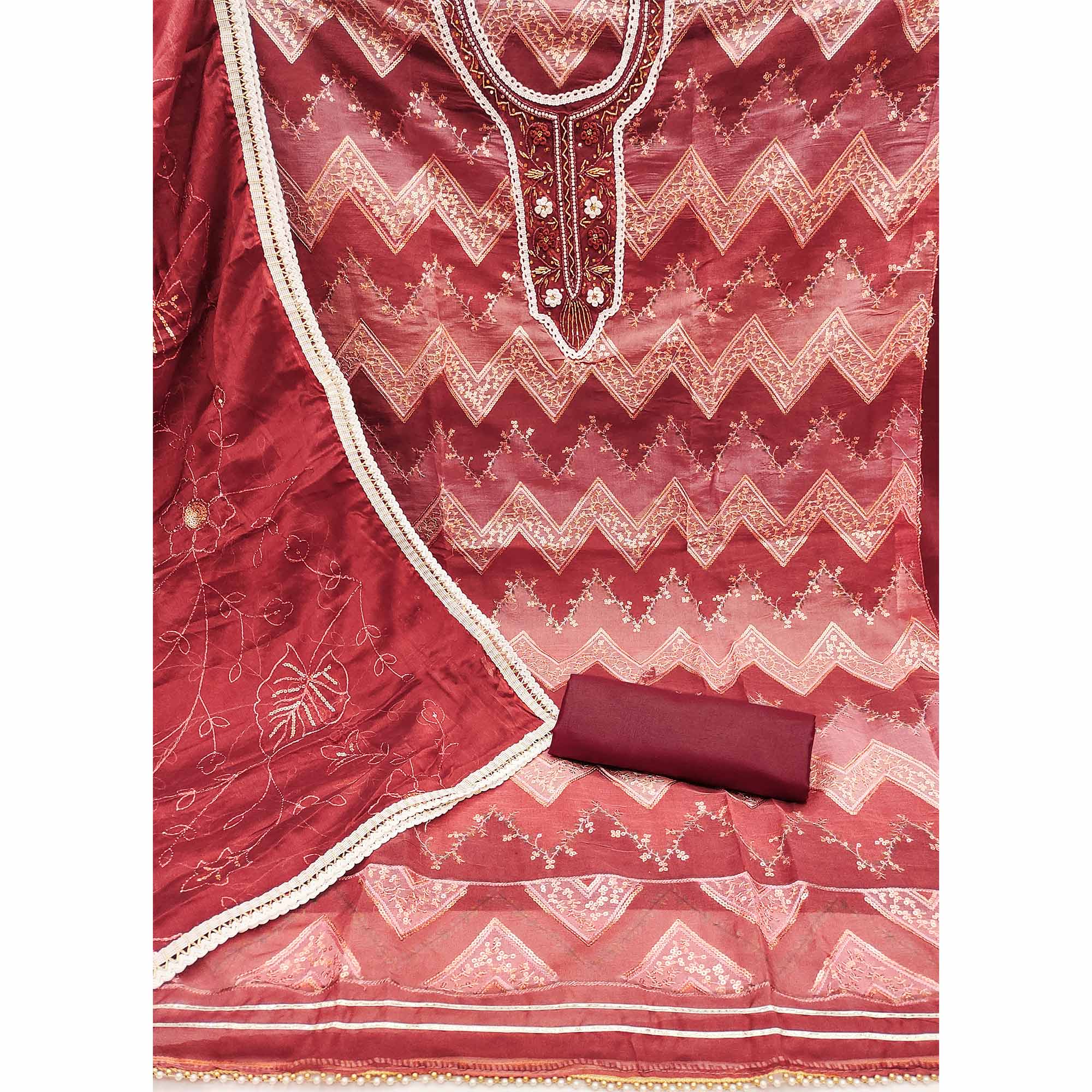 Maroon Sequins Embroidered With Handwork Organza Dress Material