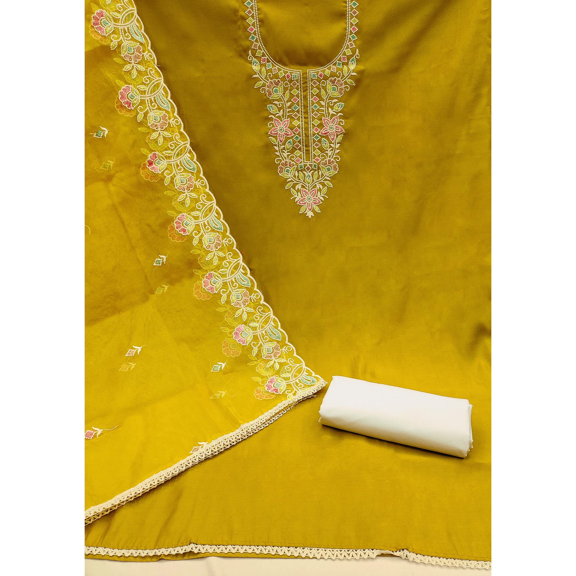 Mustard Floral Embroidered Cotton Silk Dress Material