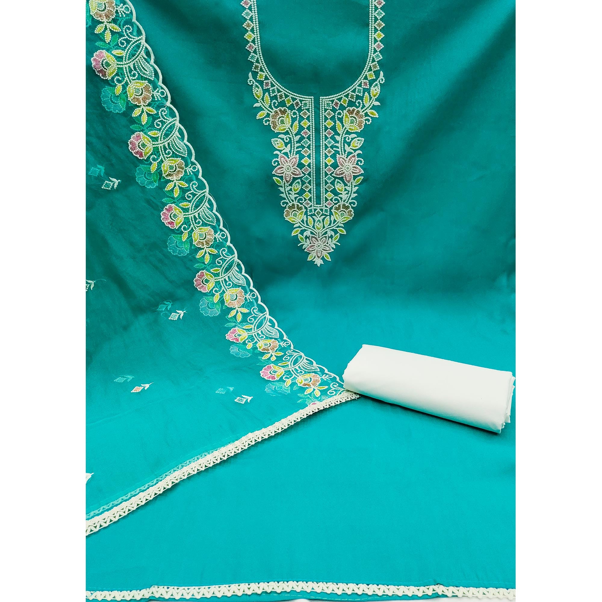 Rama Green Floral Embroidered Cotton Silk Dress Material