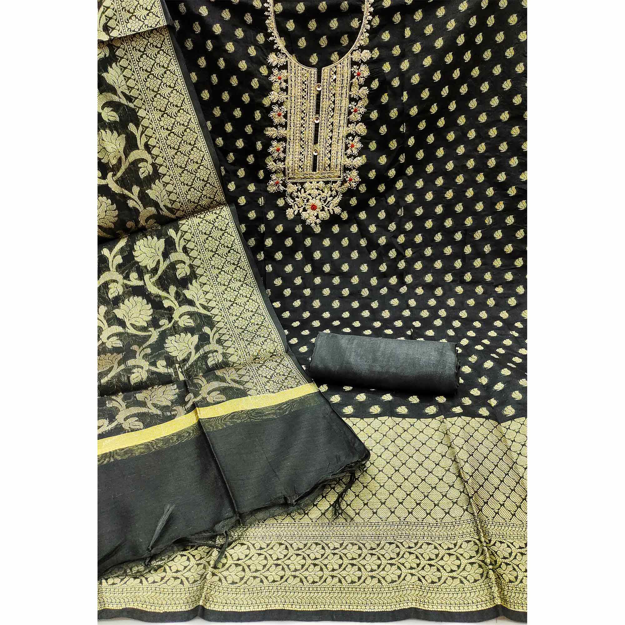 Black Woven With Embroidered Banarasi Silk Dress Material