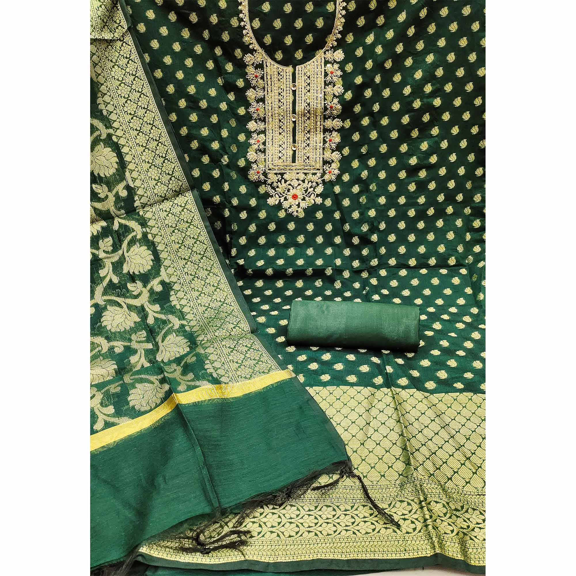 Green Woven With Embroidered Banarasi Silk Dress Material