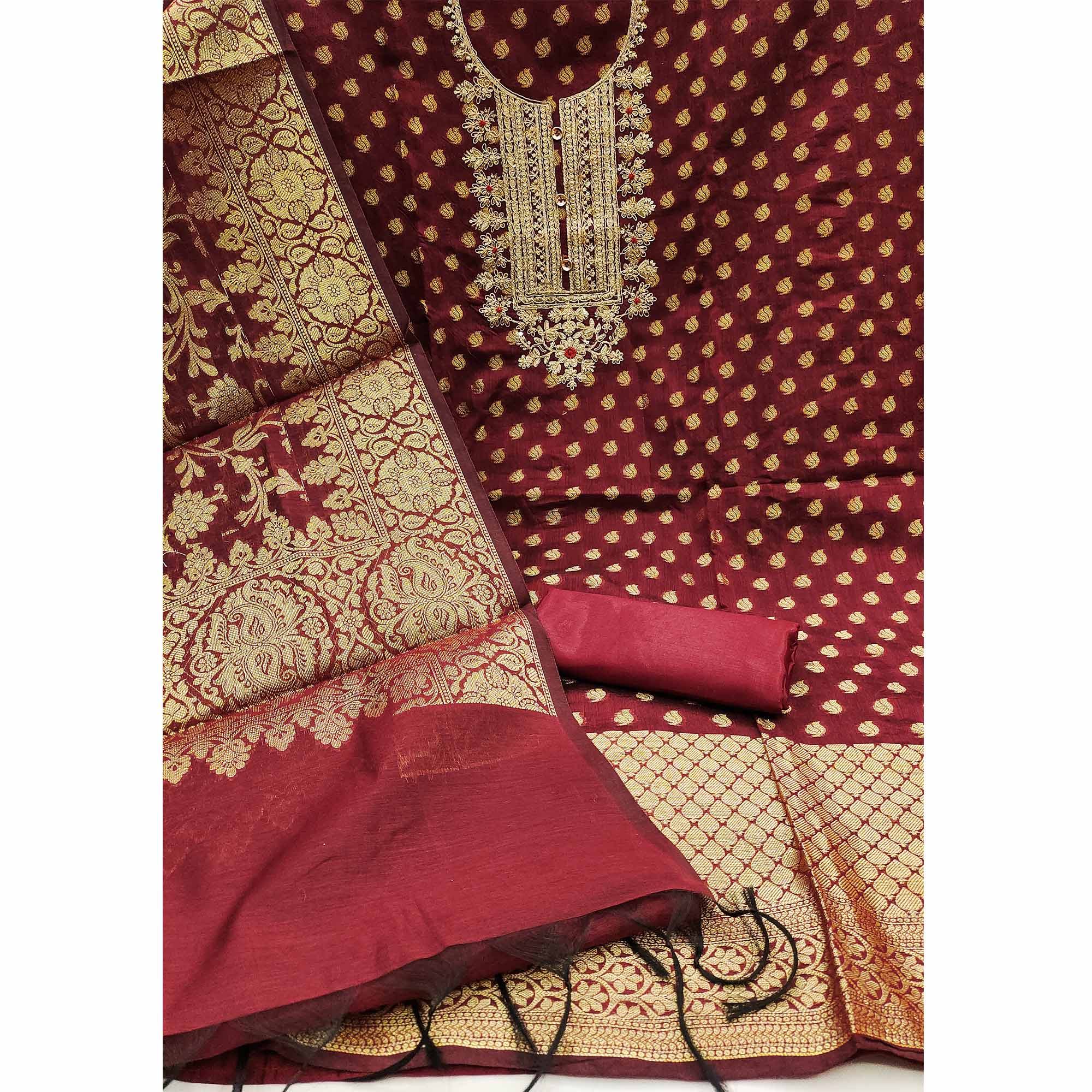 Maroon Woven With Embroidered Banarasi Silk Dress Material