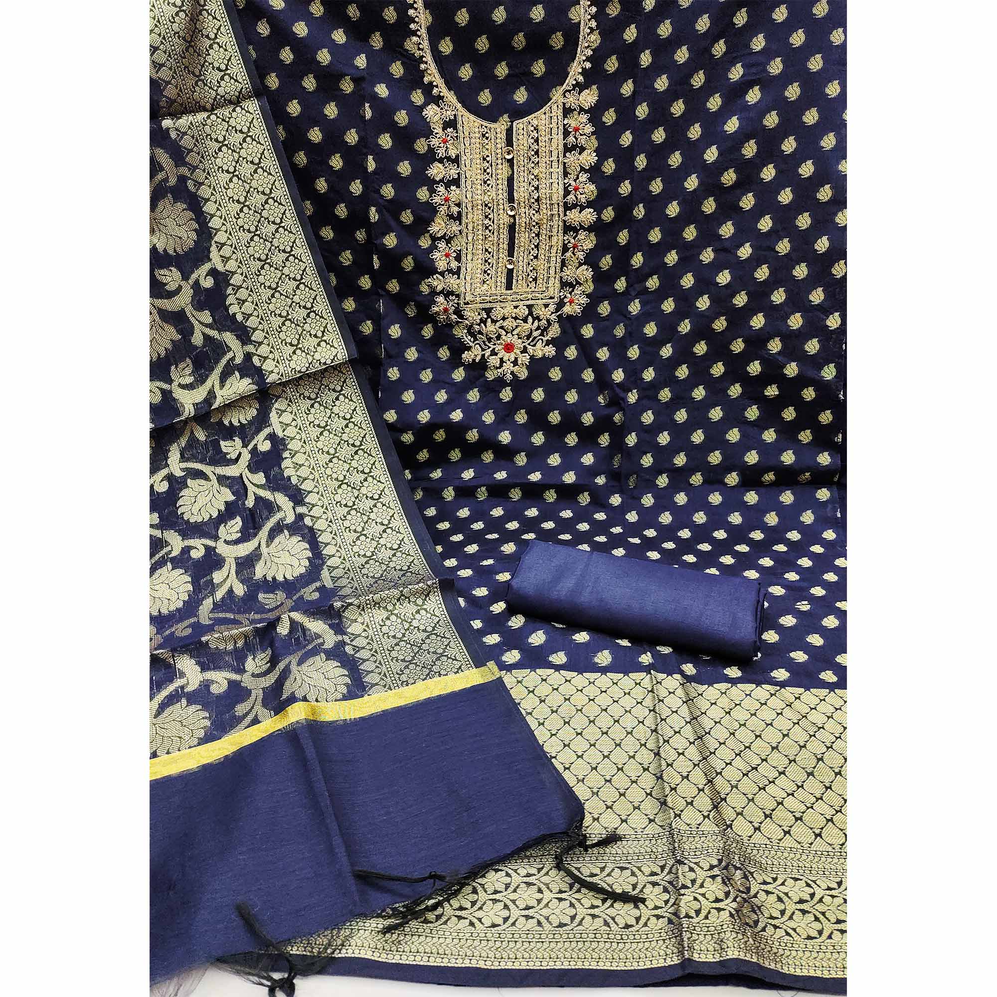 Navy Blue Woven With Embroidered Banarasi Silk Dress Material