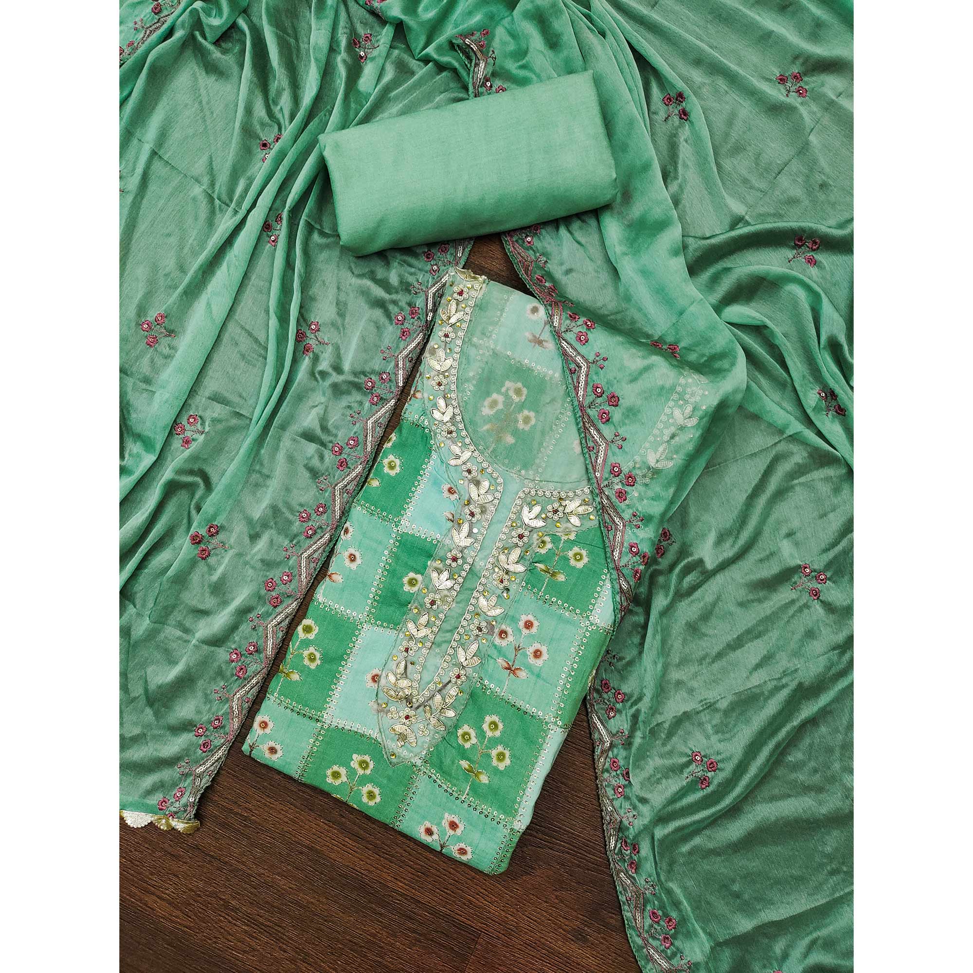 Sea Green Floral Hand Embroidered Muslin Dress Material