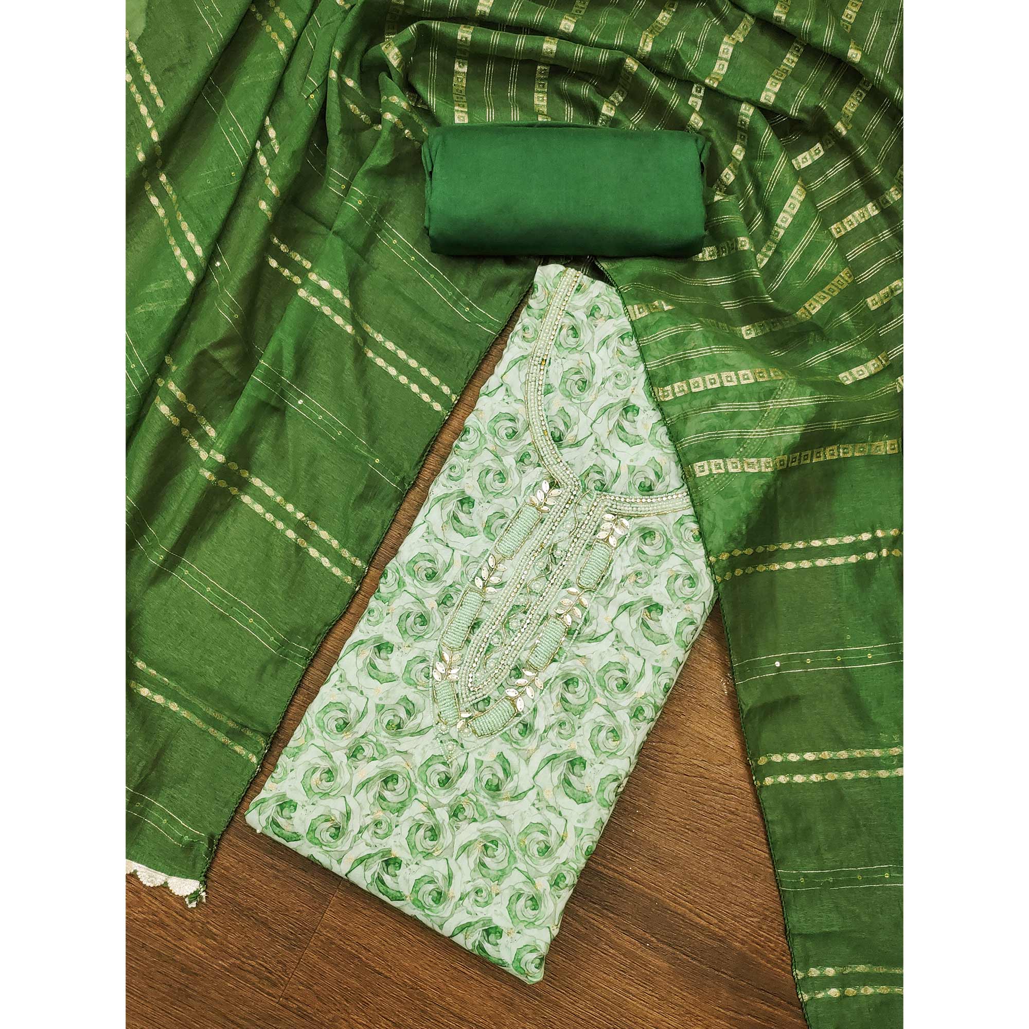 Green Digital Printed With Hand Embroidered Muslin Dress Material