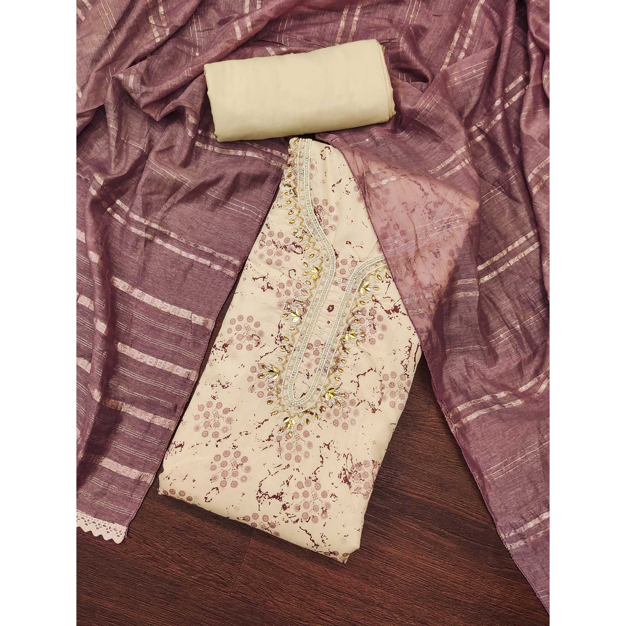 Cream & Mauve Digital Printed With Hand Embroidered Muslin Dress Material