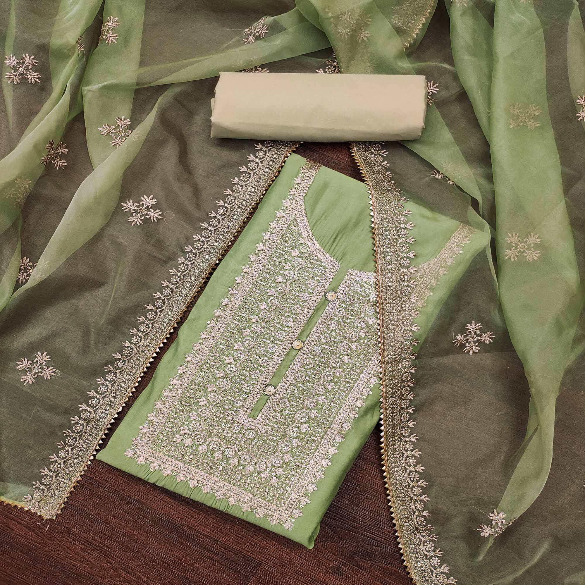 Green Floral Embroidered Cotton Silk Dress Material