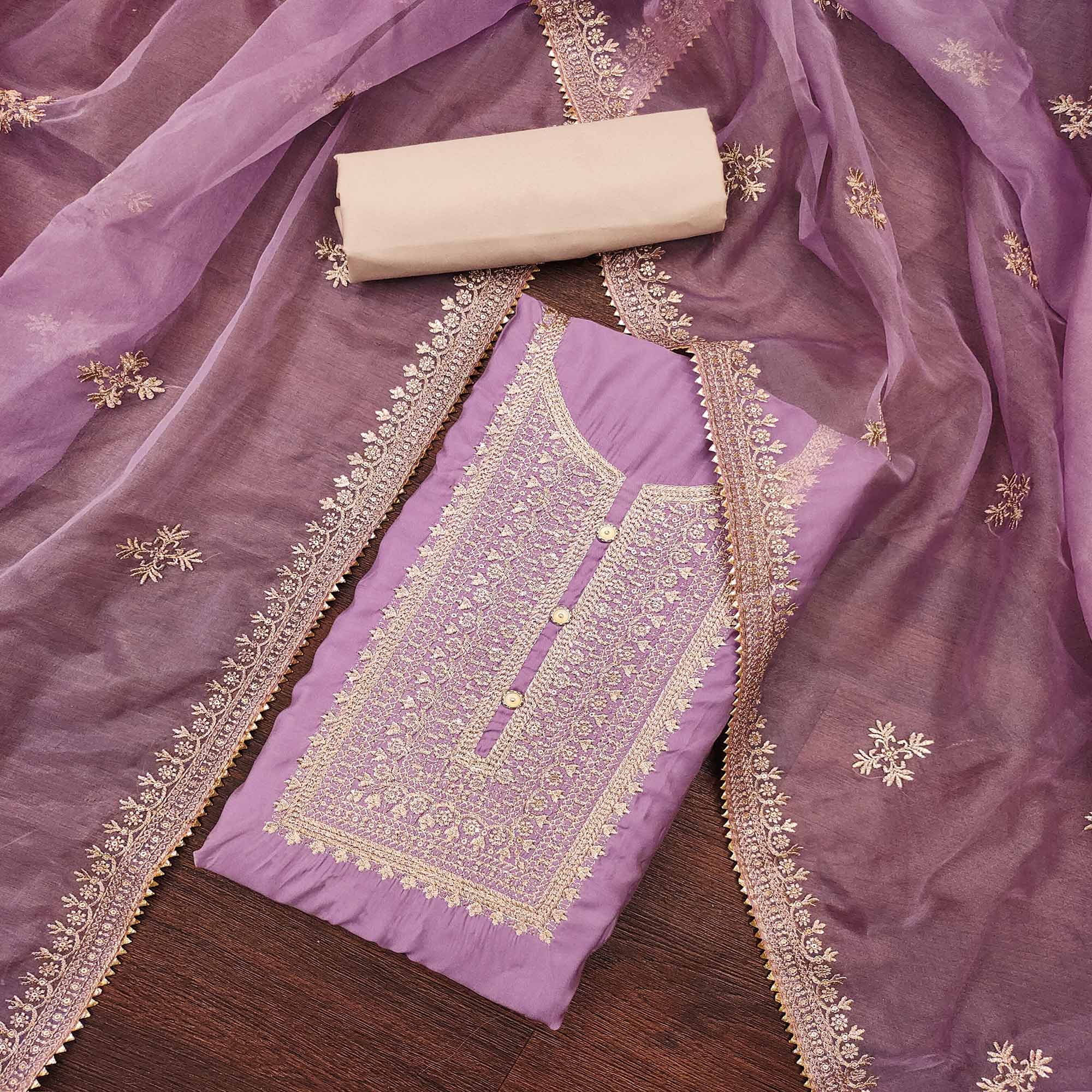 Purple Floral Embroidered Cotton Silk Dress Material