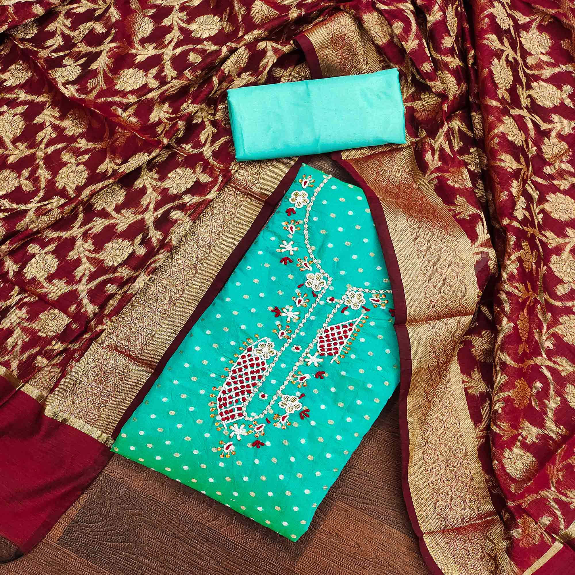 Turquoise Woven With Hand Embroidery Chanderi Dress Material