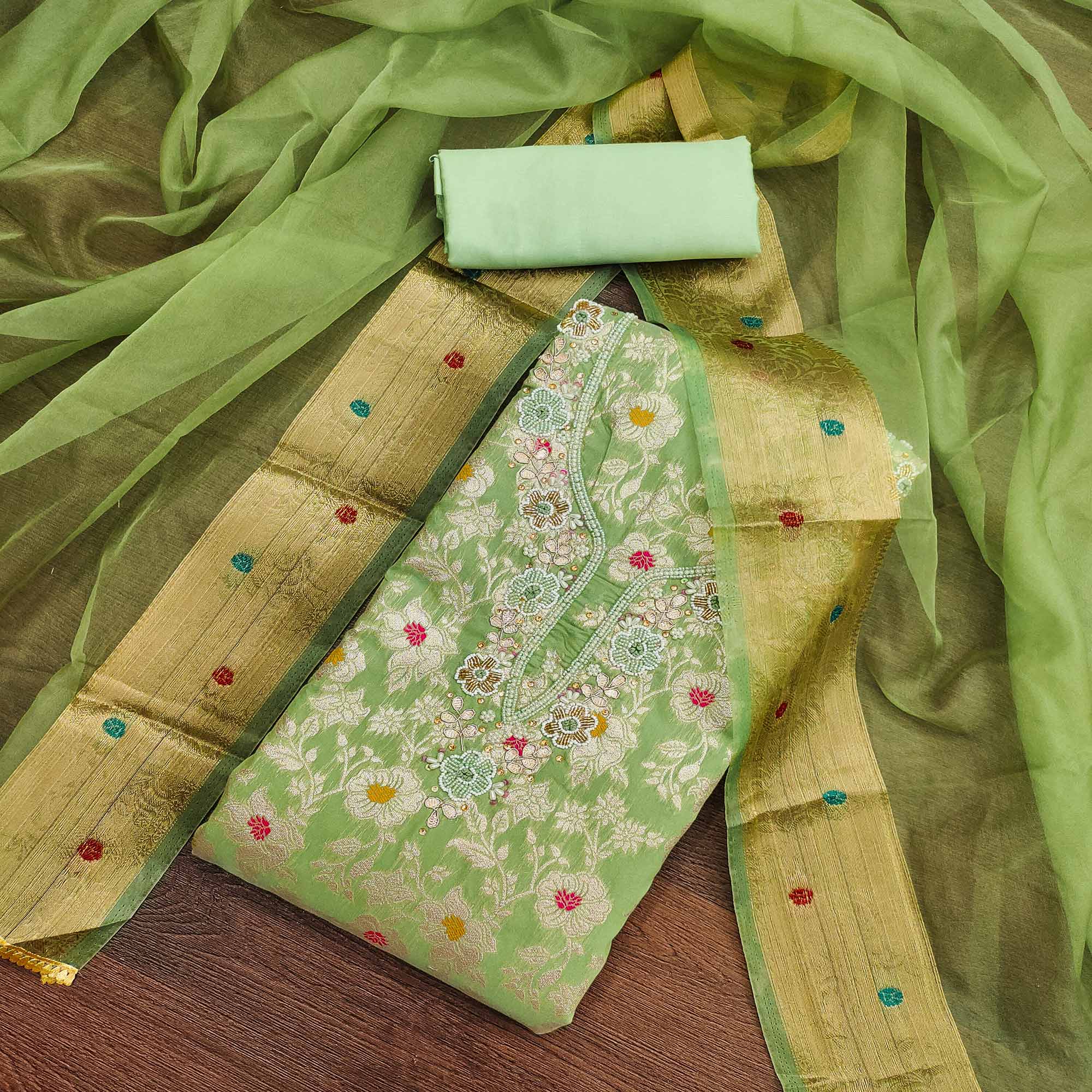 Green Floral Woven With Hand Embroidery Muslin Dress Material