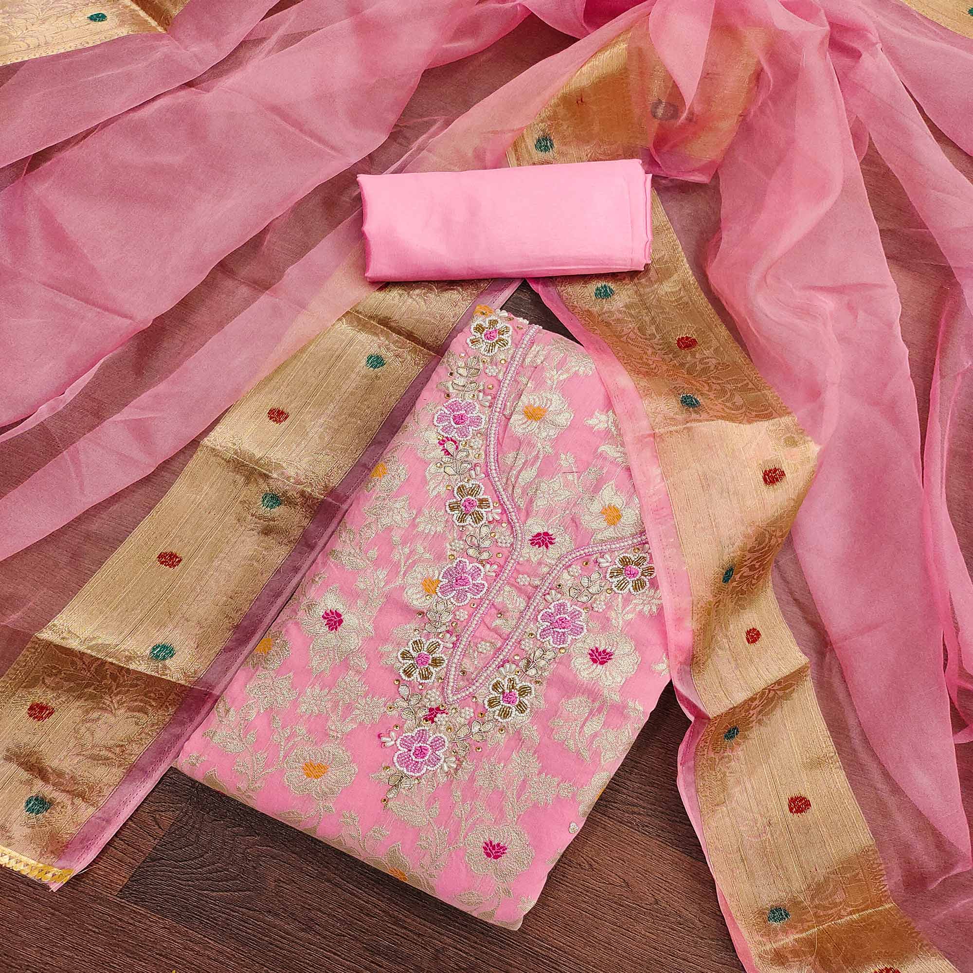 Pink Floral Woven With Hand Embroidery Muslin Dress Material