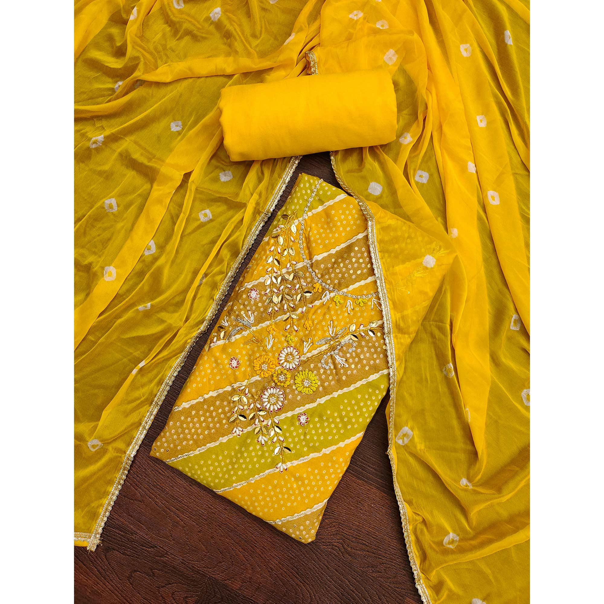 Yellow Bandhani Printed With Hand Embroidery Rayon Dress Material