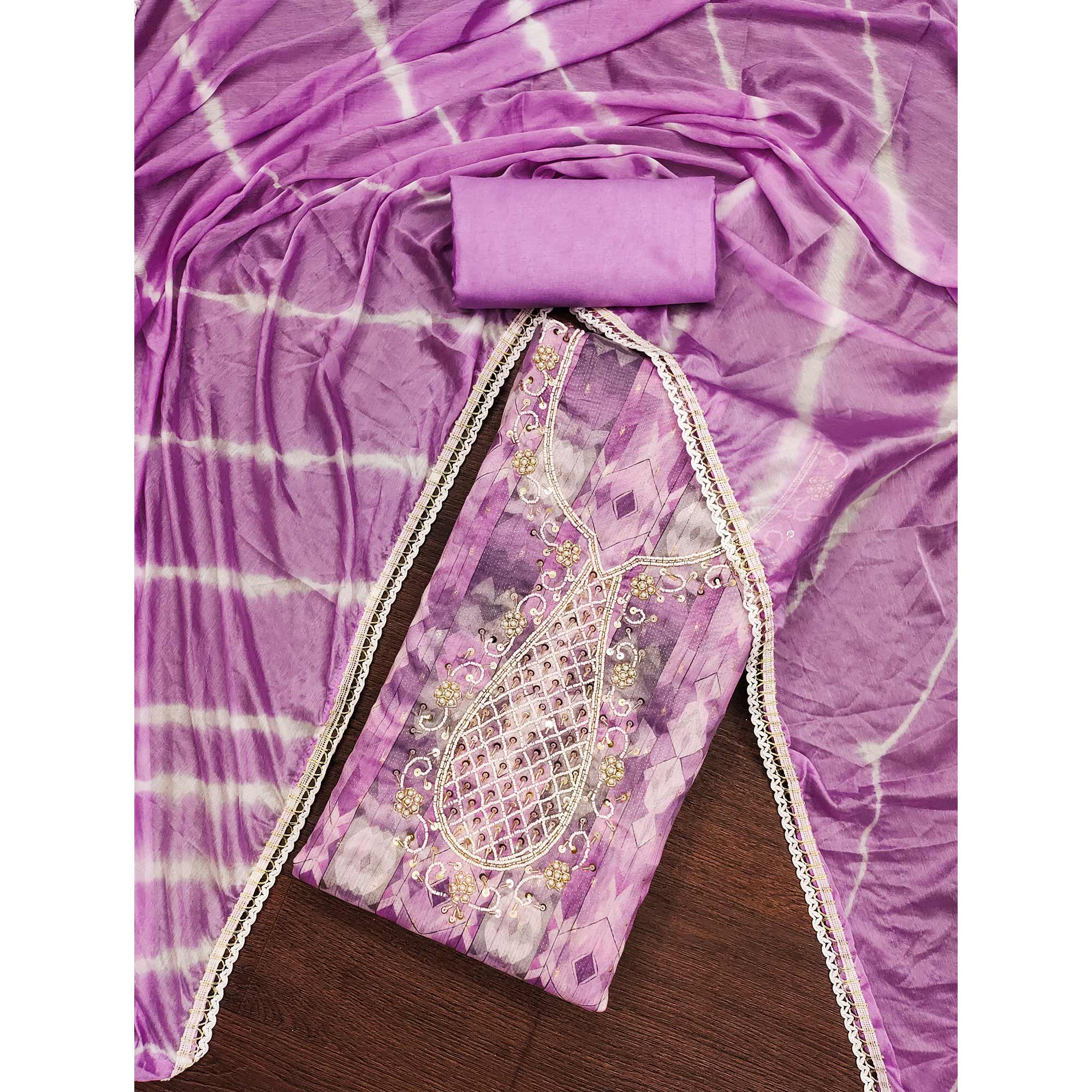 Purple Digital Printed With Hand Embroidery Chanderi Dress Material