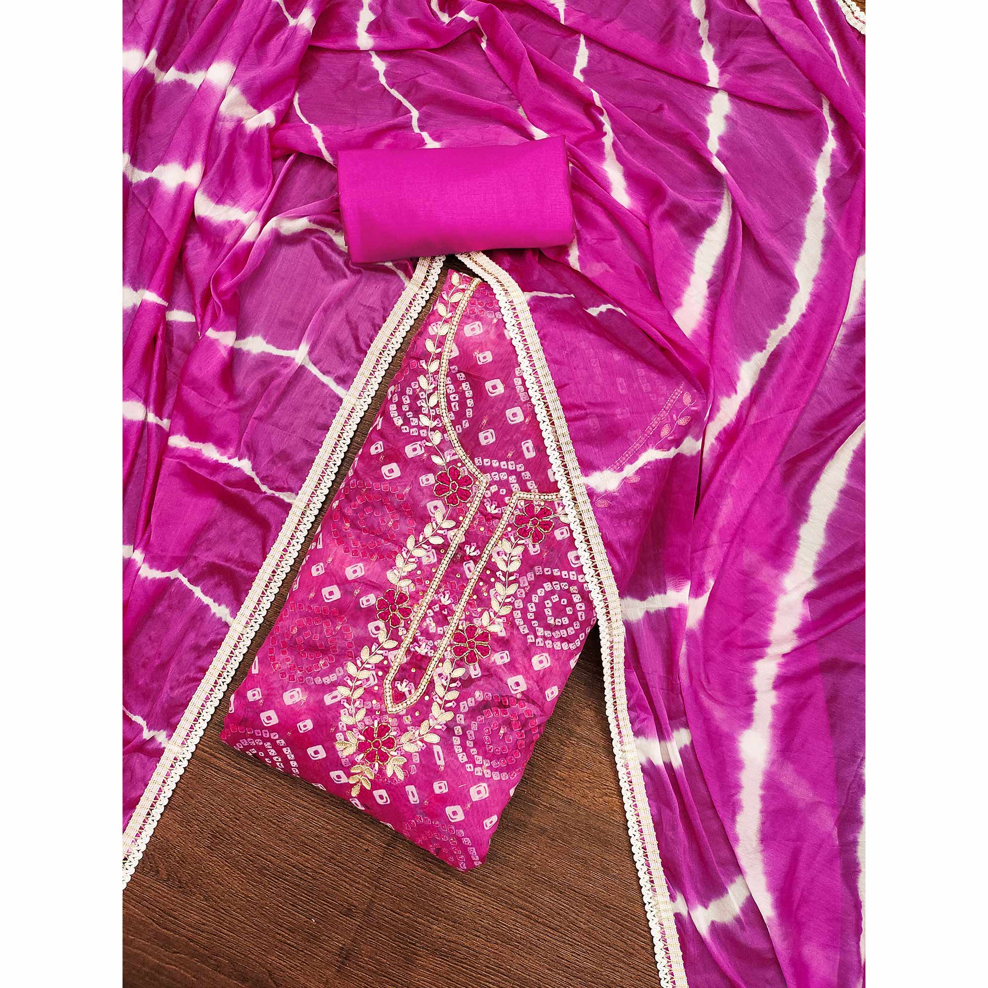 Pink Bandhani Printed With Hand Embroidery Chanderi Dress Material