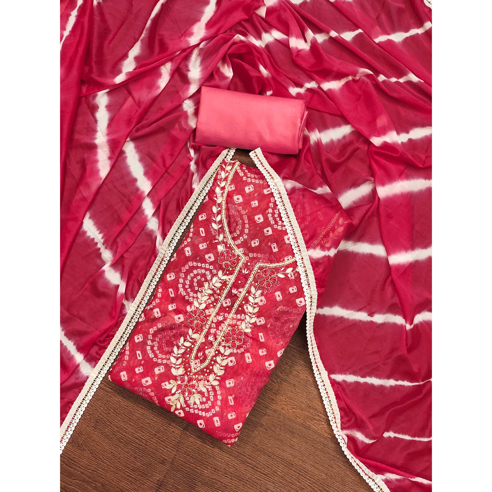 Red Bandhani Printed With Hand Embroidery Chanderi Dress Material