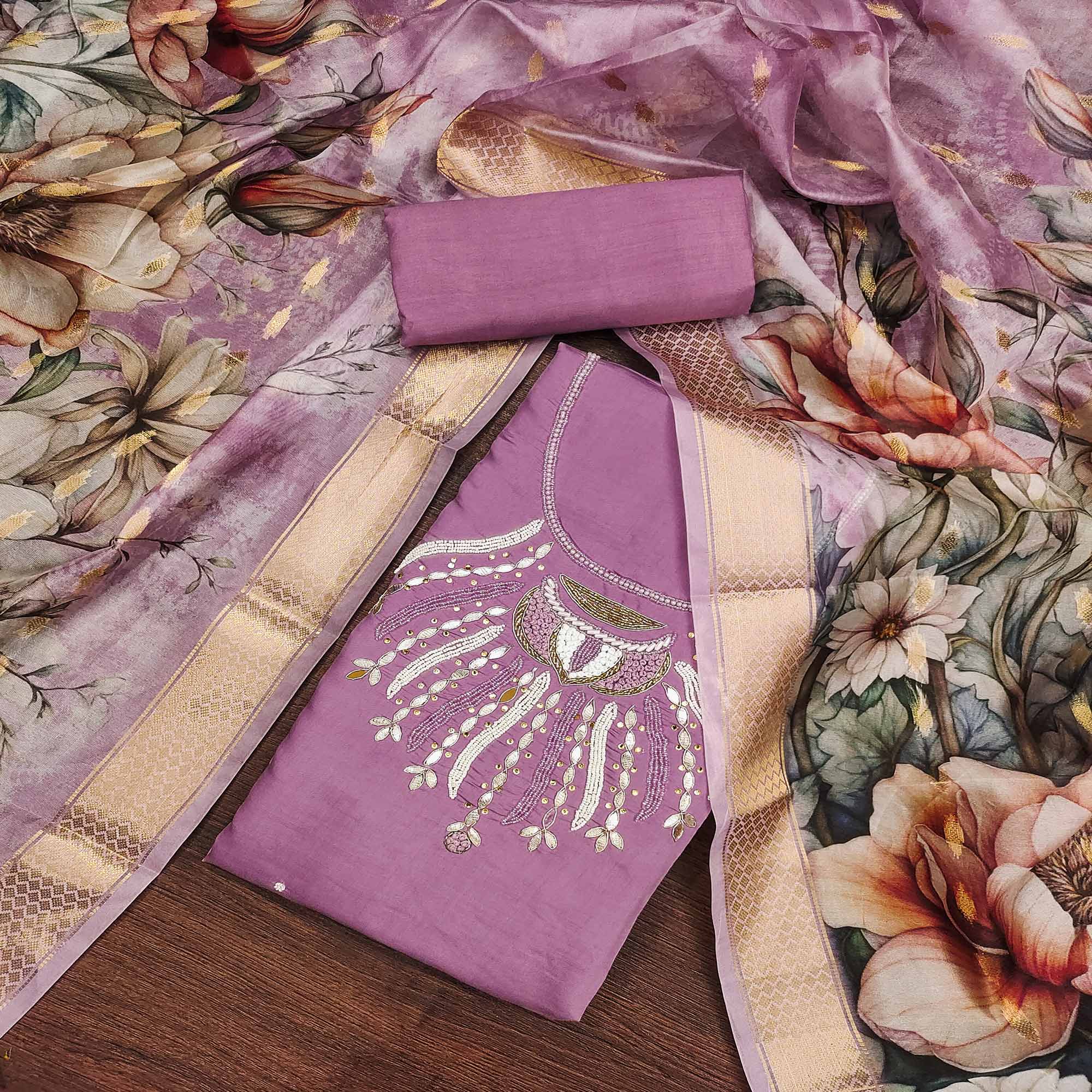 Purple Hand Embroidered Cotton Silk Dress Material