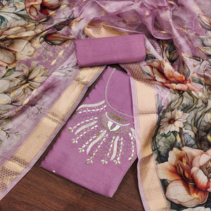 Purple Hand Embroidered Cotton Silk Dress Material