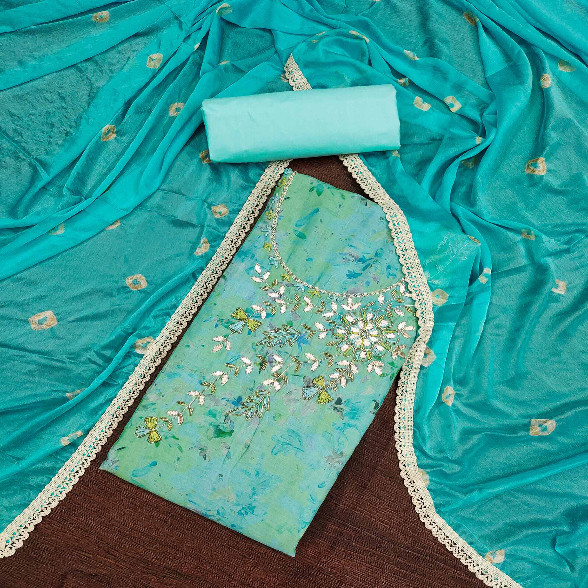 Blue Printed With Hand Embroidery Pure Cotton Dress Material