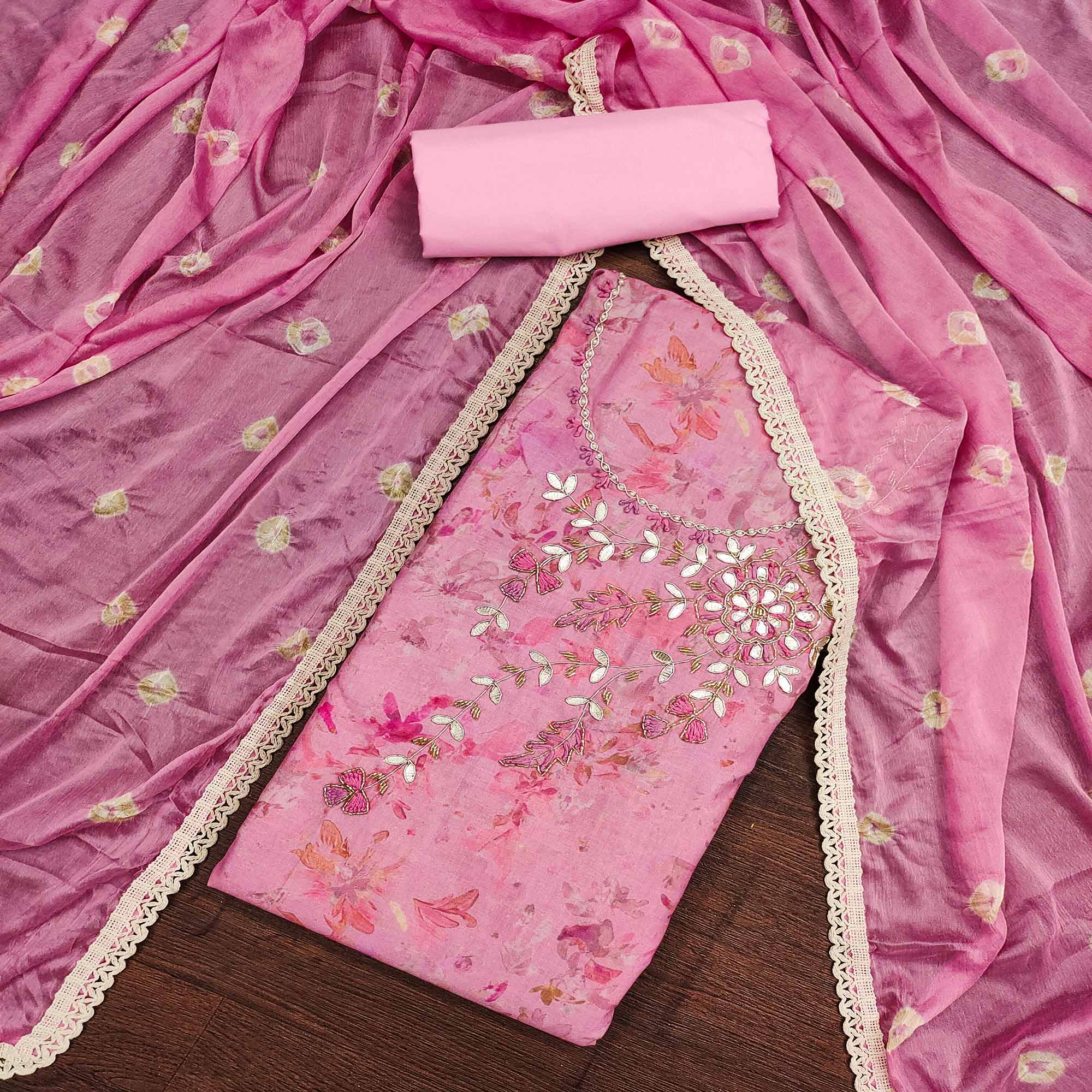 Pink Printed With Hand Embroidery Pure Cotton Dress Material