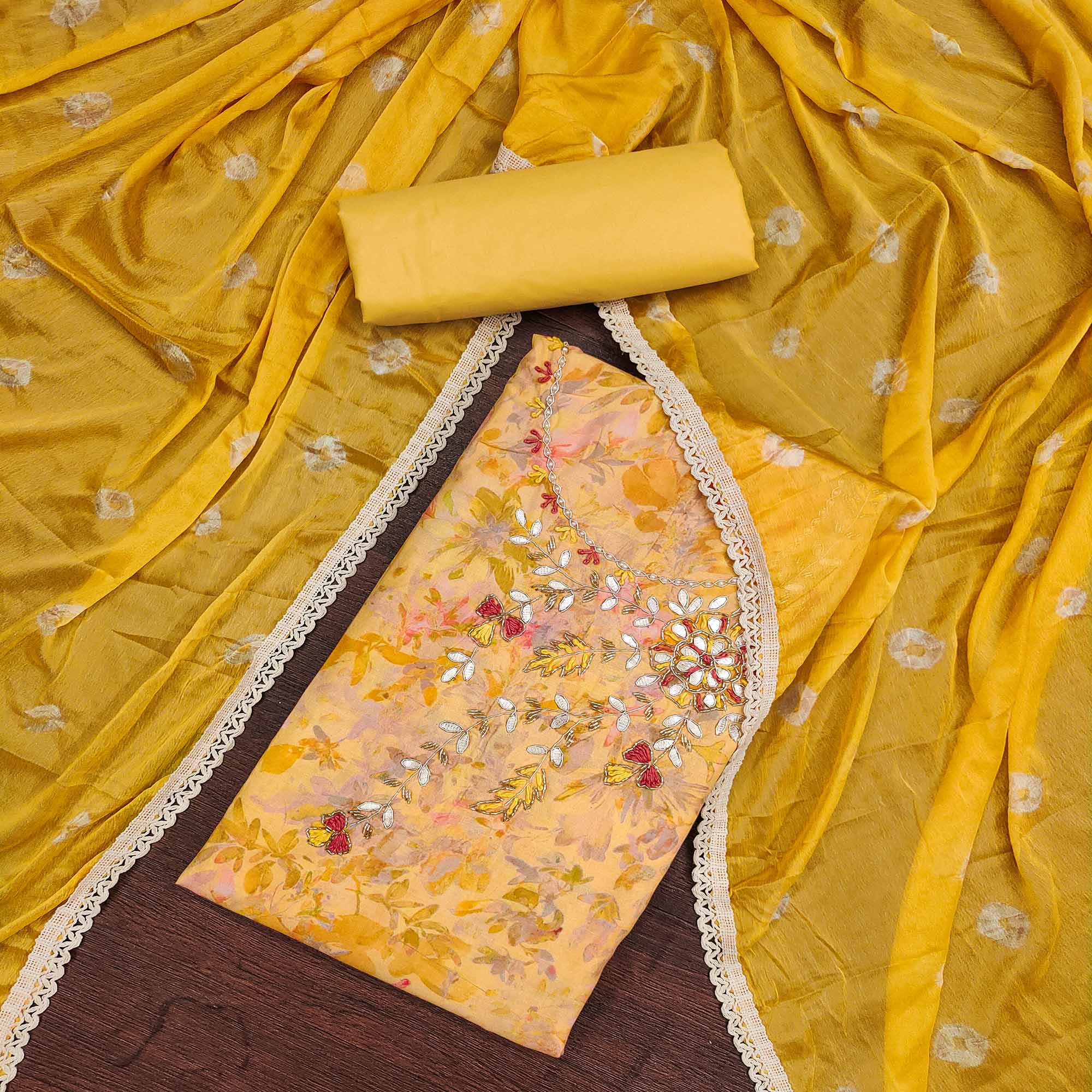 Yellow Printed With Hand Embroidery Pure Cotton Dress Material