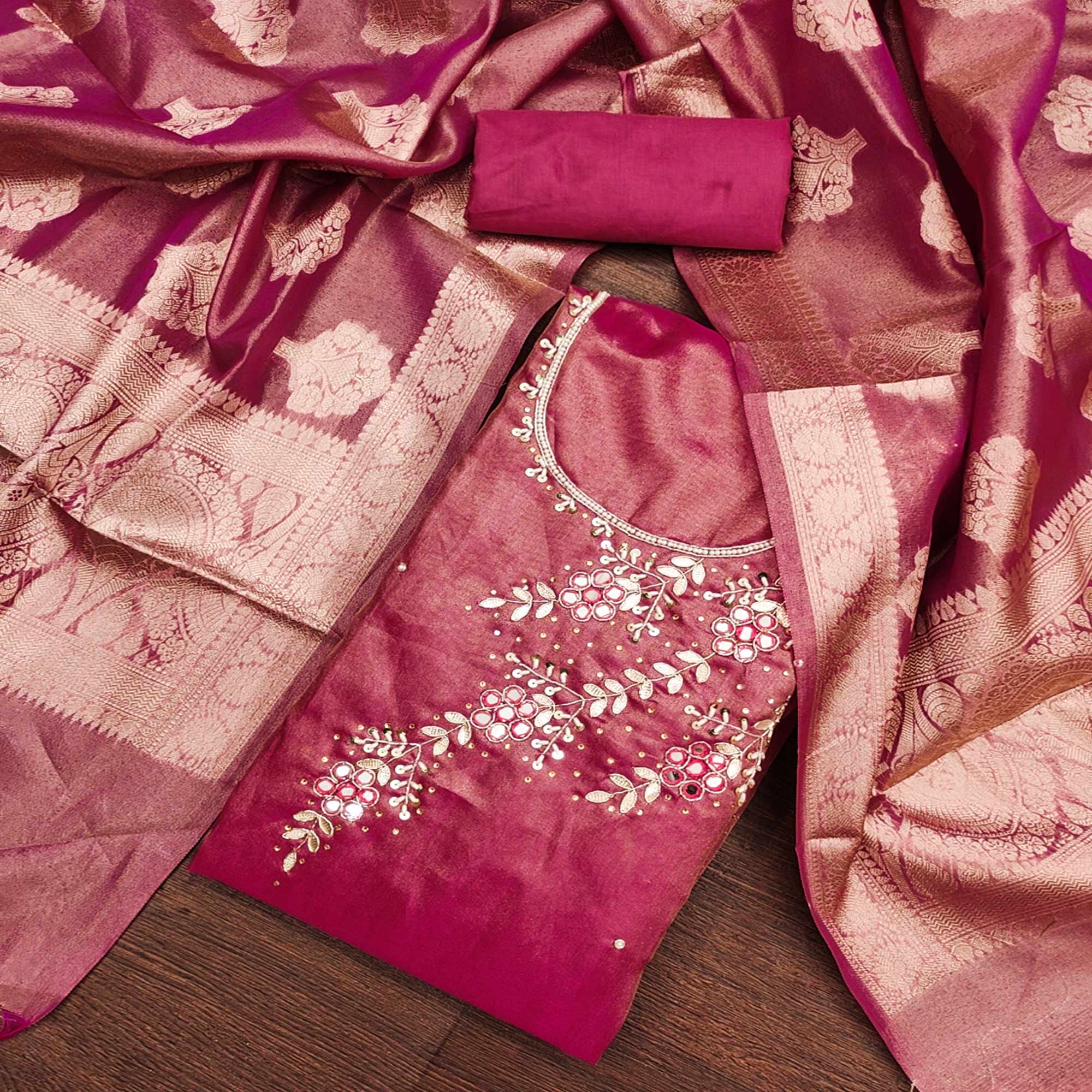 Rani Pink Floral Hand Embroidered Viscose Dress Material