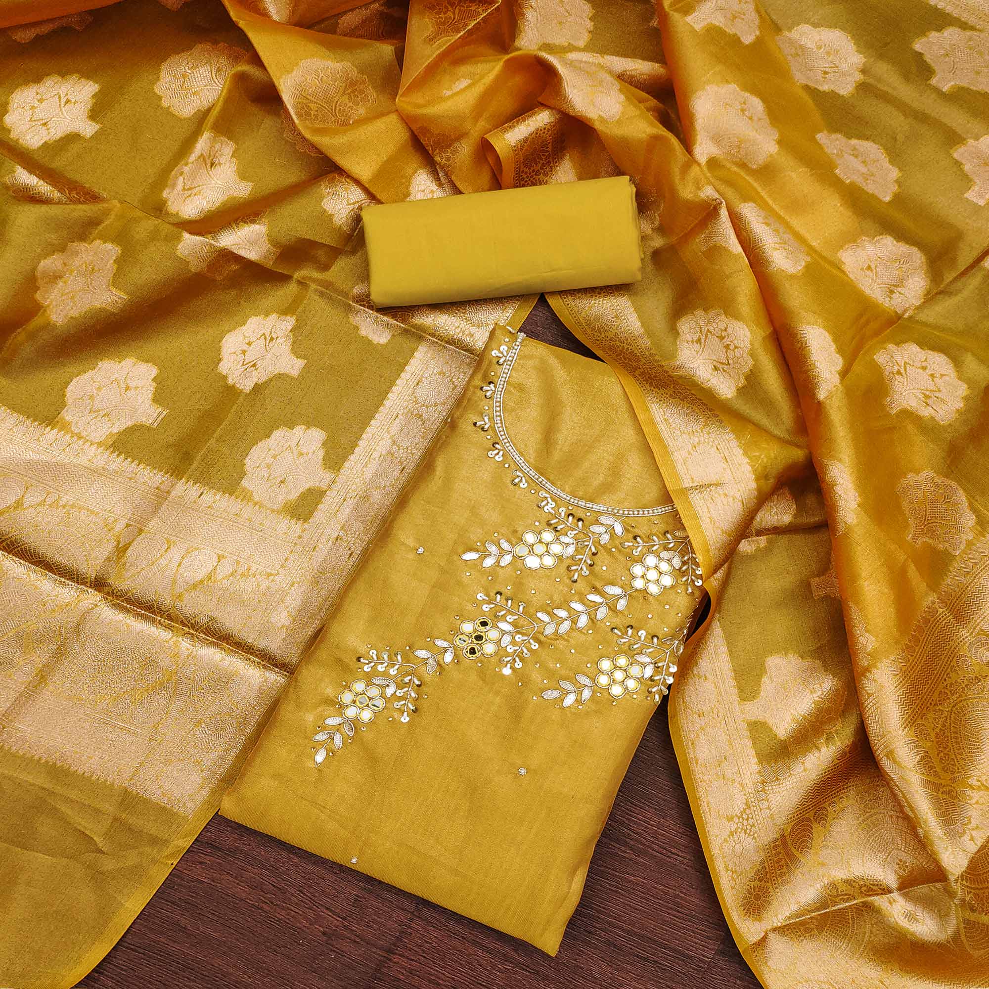 Yellow Floral Hand Embroidered Viscose Dress Material