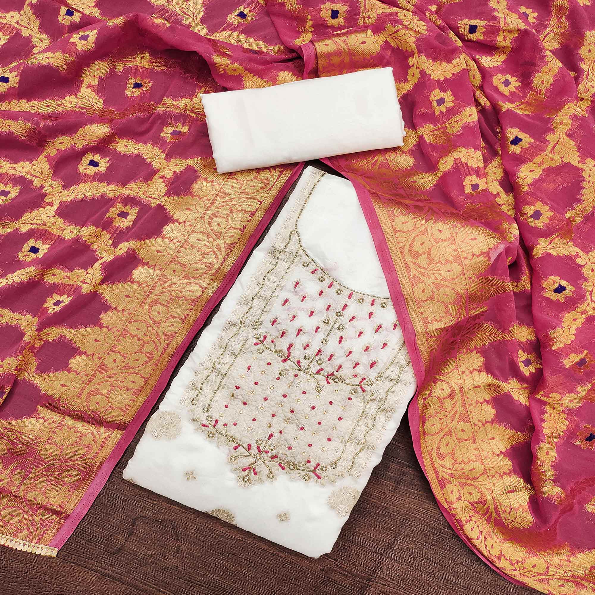 Offwhite Woven With Hand Embroidered Chanderi Dress Material