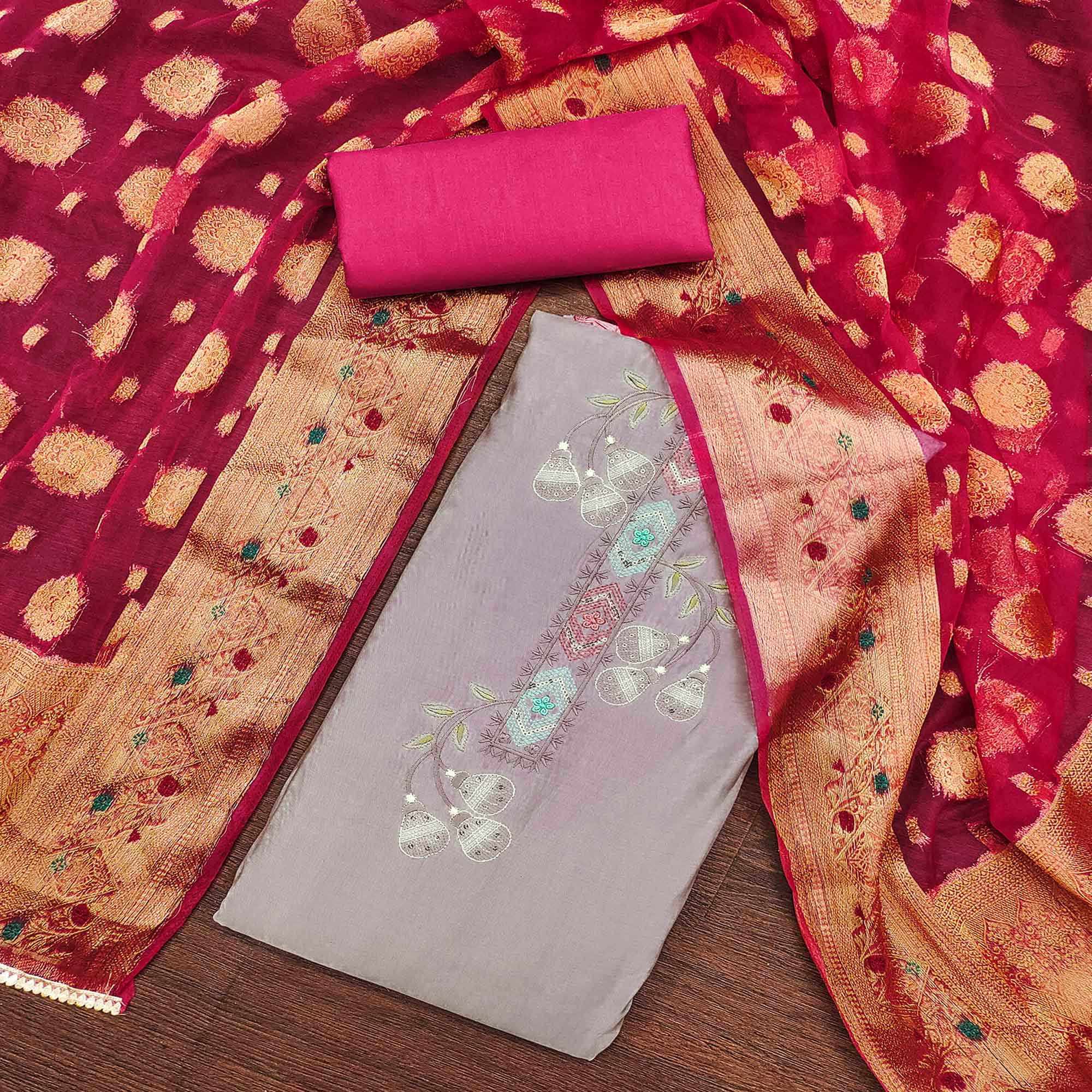 Light Purple Floral Embroidered Cotton Silk Dress Material